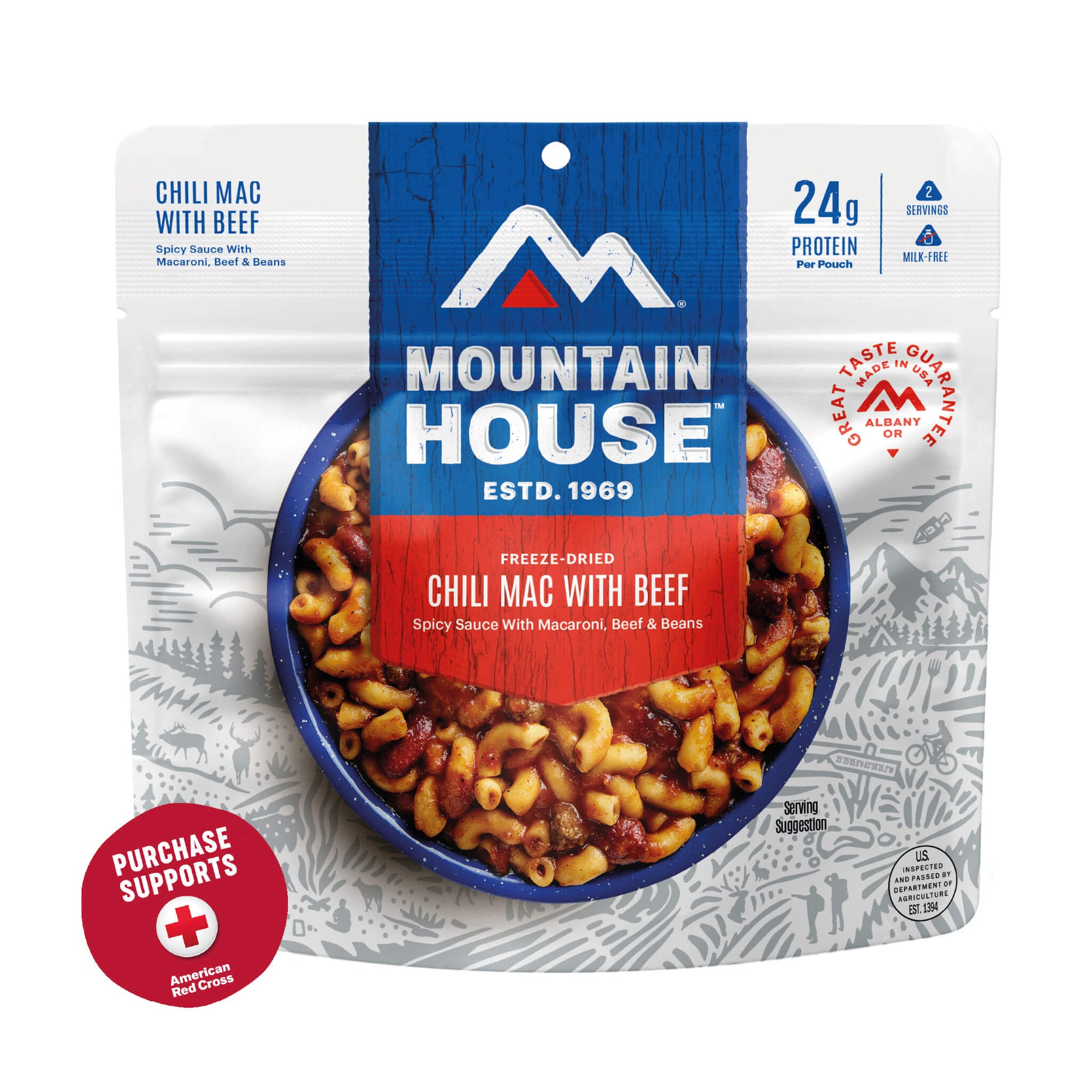 Mountain House Chili Mac with Beef package on a white background with a red circle that says purchase supports American Red Cross