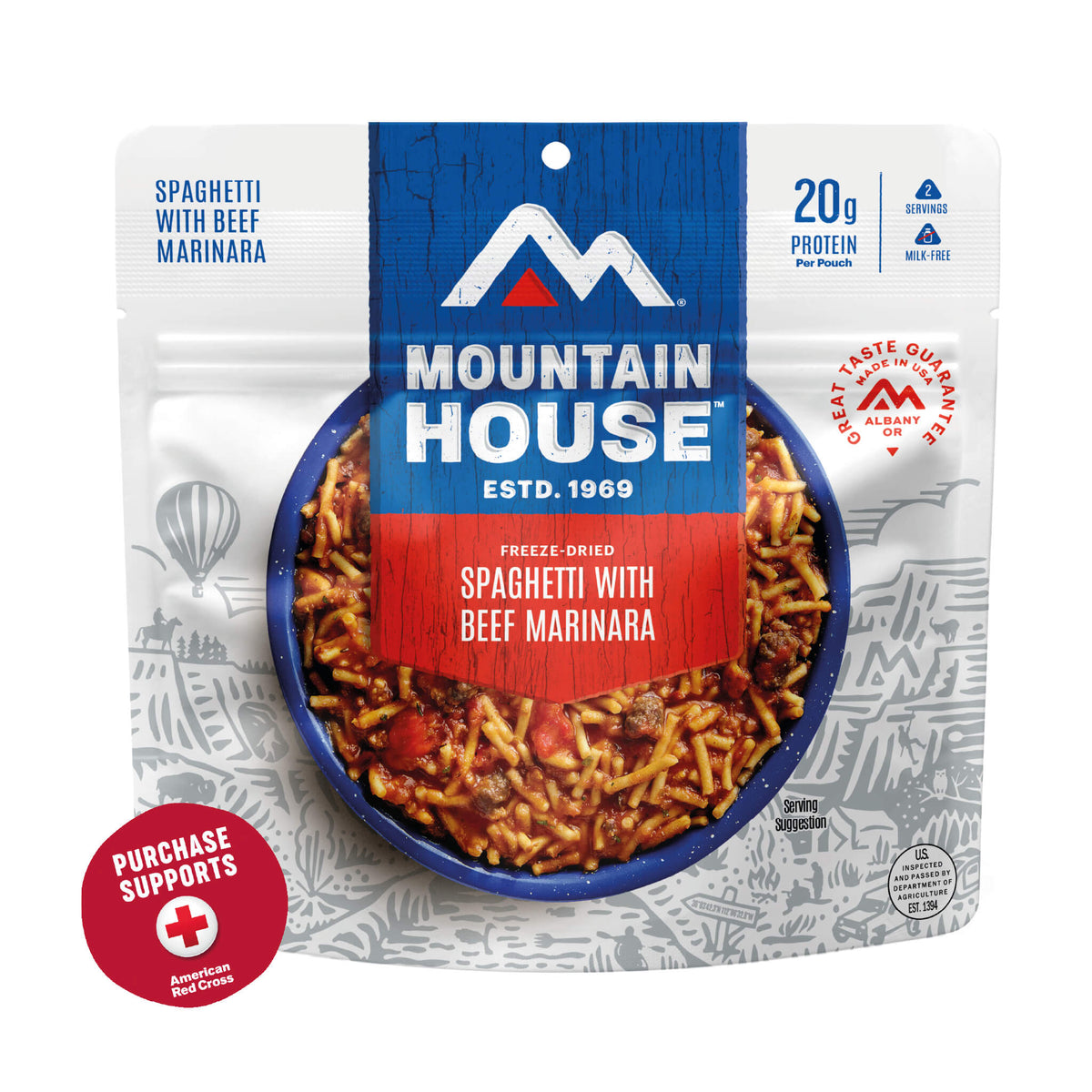 Mountain House Spaghetti with Beef Marinara package on a white background with a red circle that says purchase supports American Red Cross