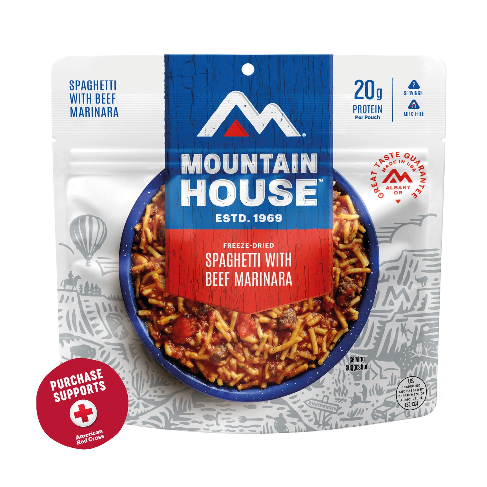Mountain House Spaghetti with Beef Marinara package on a white background with a red circle that says purchase supports American Red Cross