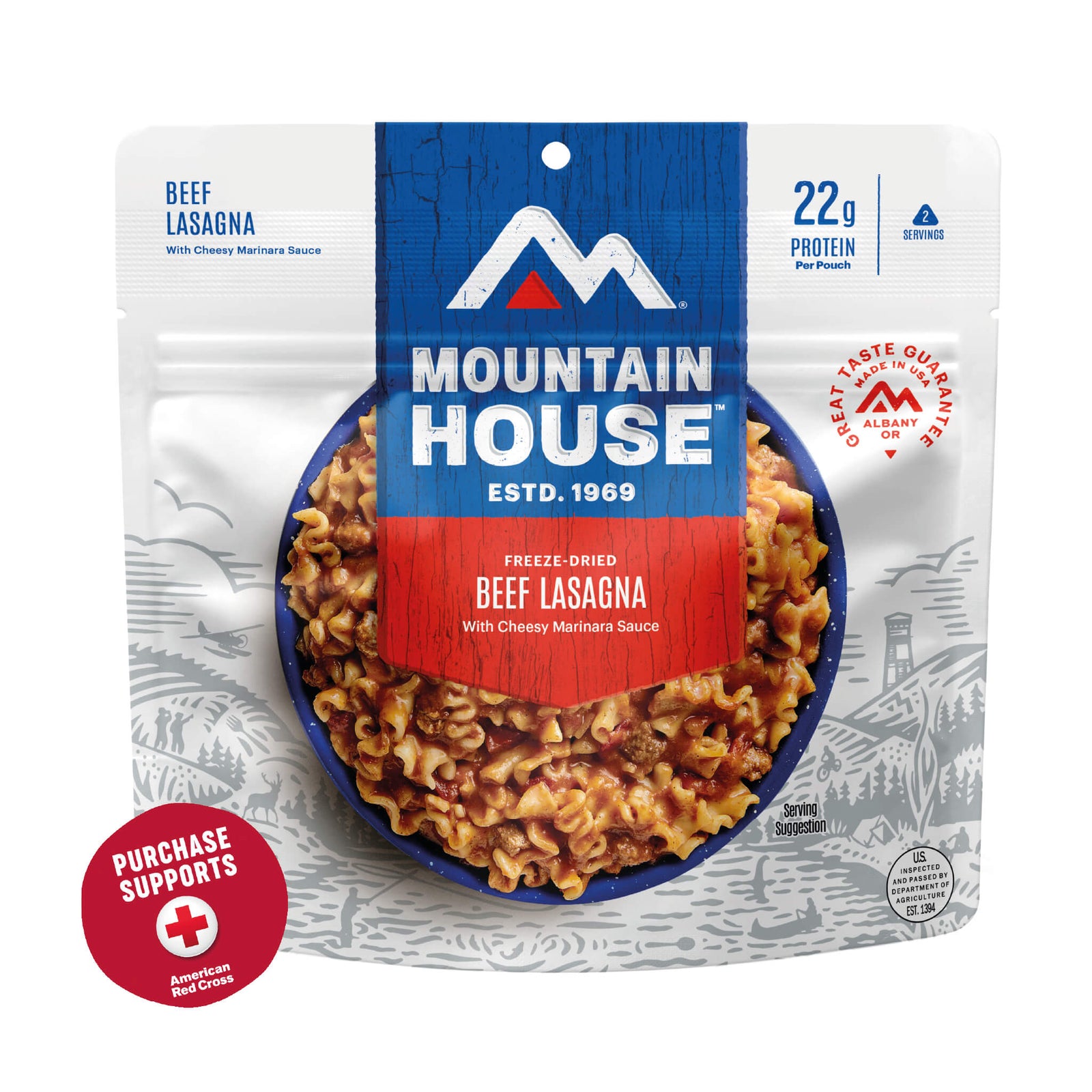 Mountain House Beef Lasagna package on a white background with a red circle that says purchase supports American Red Cross