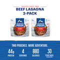 Graphic showing total protein, calories and servings for Mountain House Beef Lasagna 2-pack.