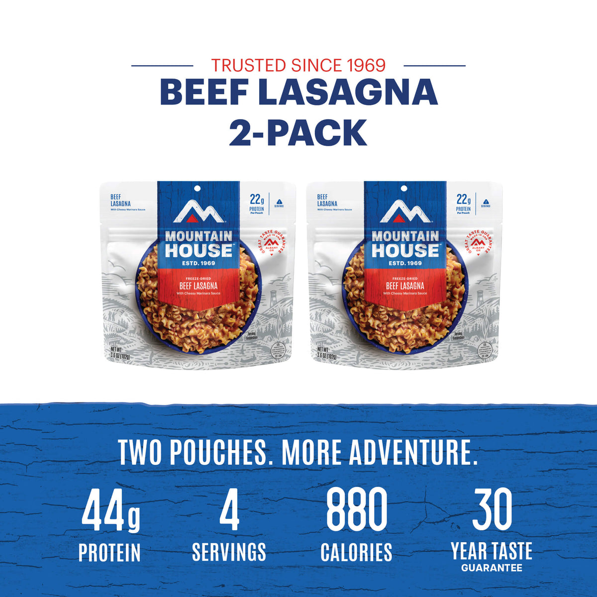 Graphic showing total protein, calories and servings for Mountain House Beef Lasagna 2-pack.