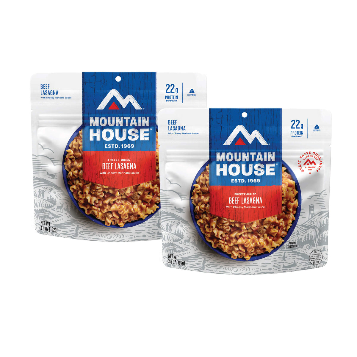Front view of two Mountain House Beef Lasagna pouches.