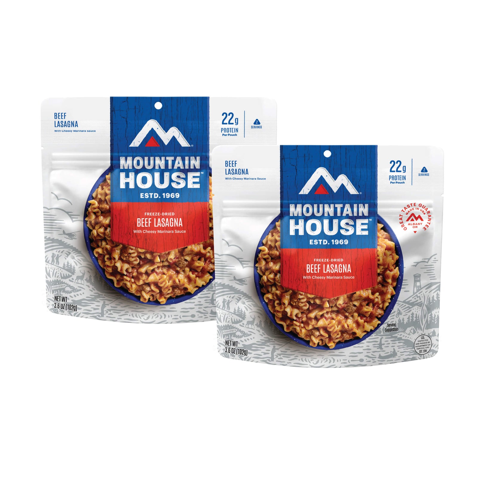 Front view of two Mountain House Beef Lasagna pouches.