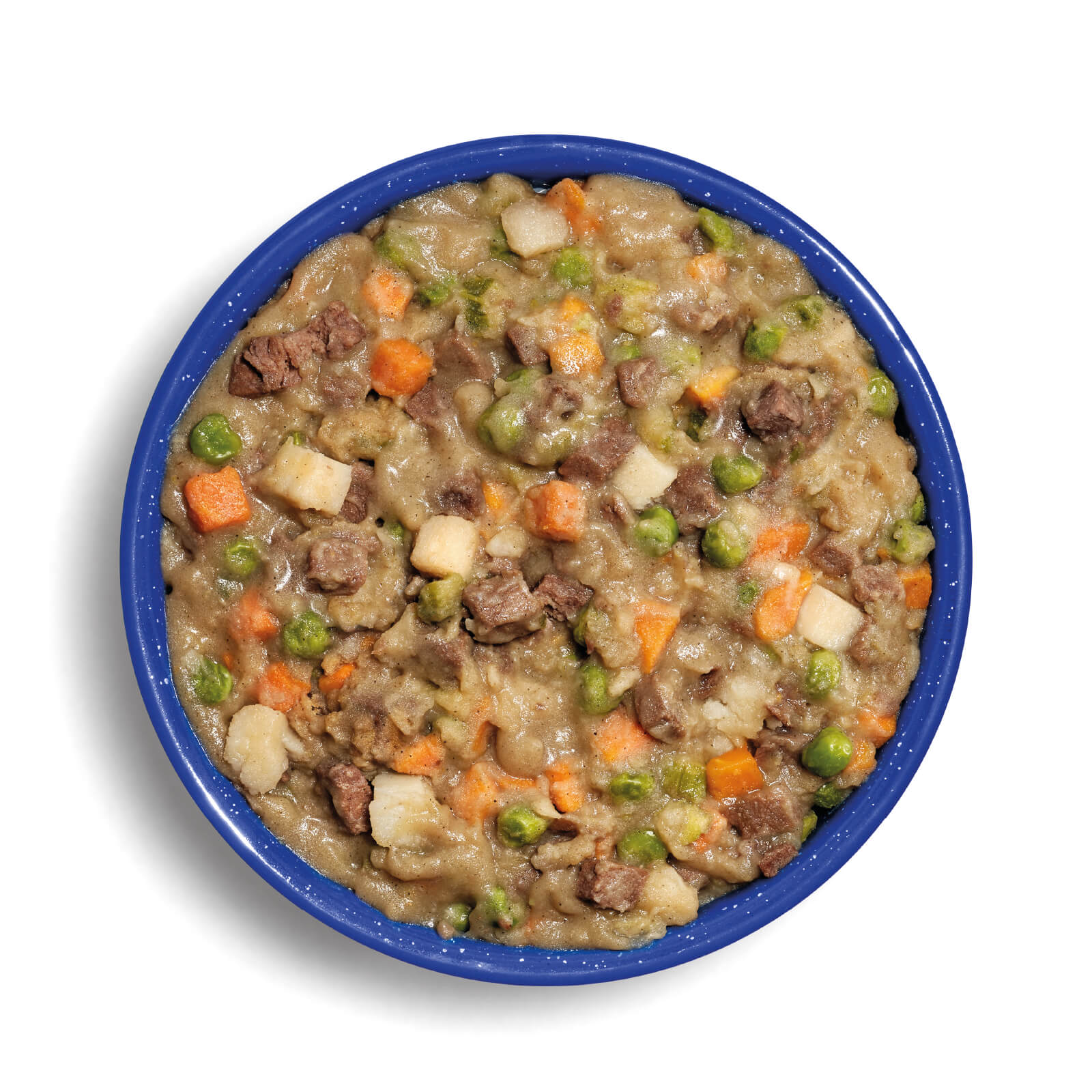 Mountain House Beef Stew prepared in a blue camping bowl.