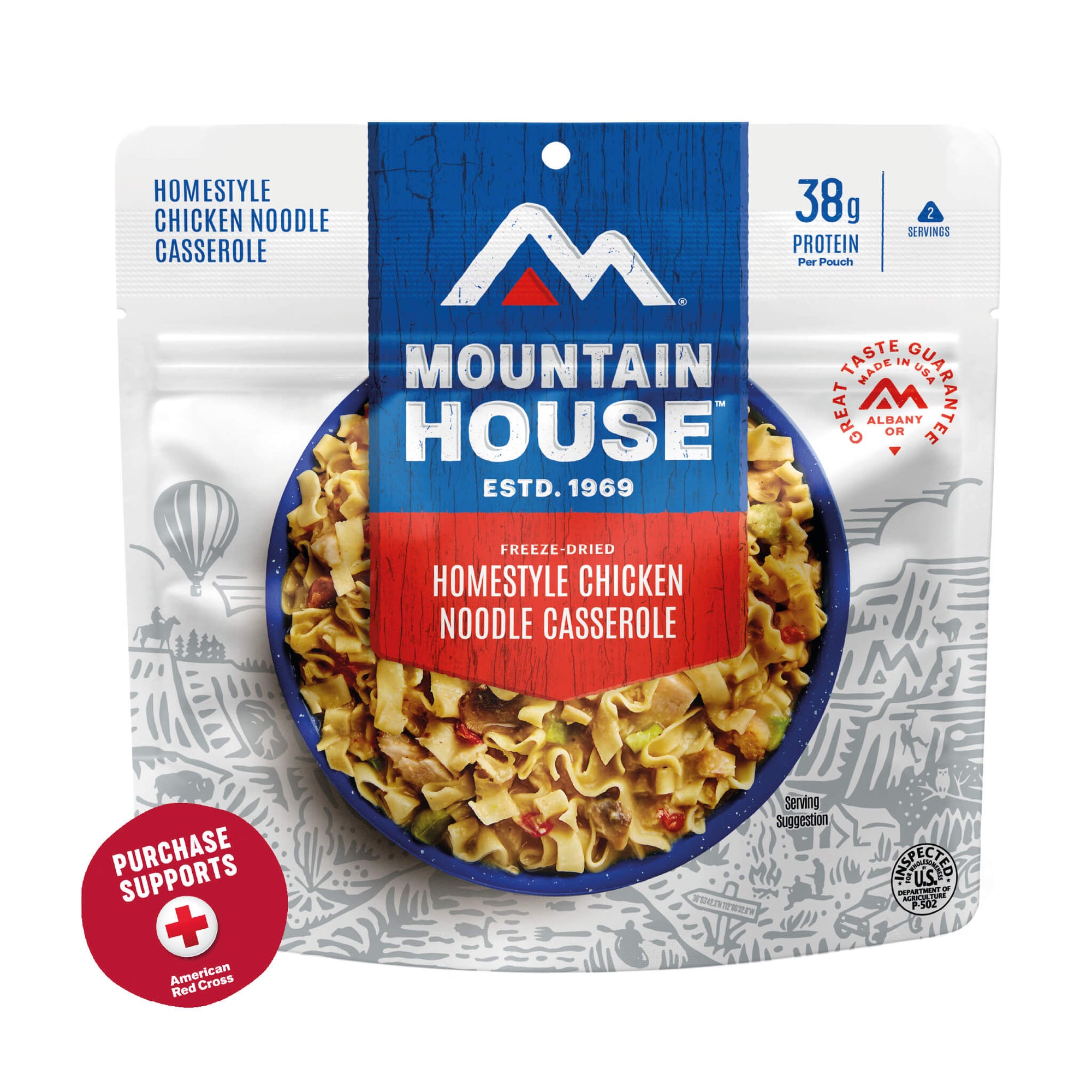 Mountain House Homestyle Chicken Noodle Casserole packaging on a white background with a red circle that says purchase supports American Red Cross