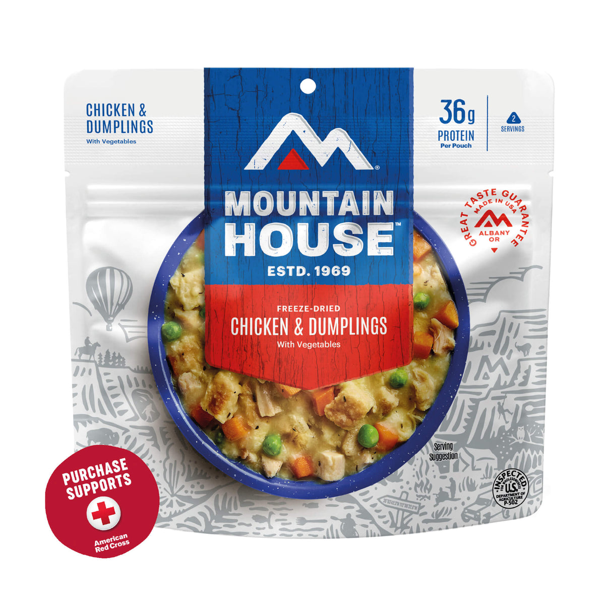 Mountain House freeze-dried chicken and dumplings package on a white background with a red circle that says purchase supports American Red Cross