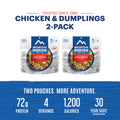 Graphic showing total protein, calories and servings for Mountain House Chicken & Dumplings 2-pack.