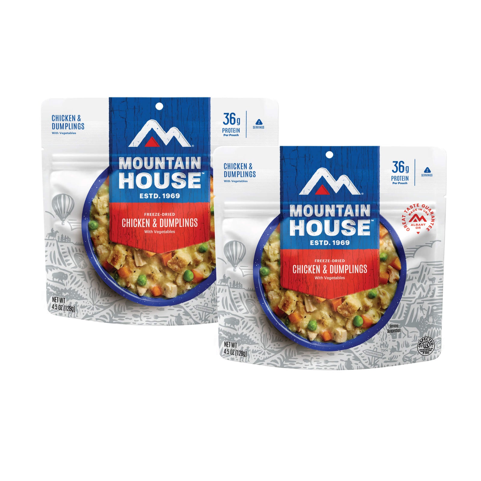 Front view of two Mountain House Chicken & Dumpling pouches