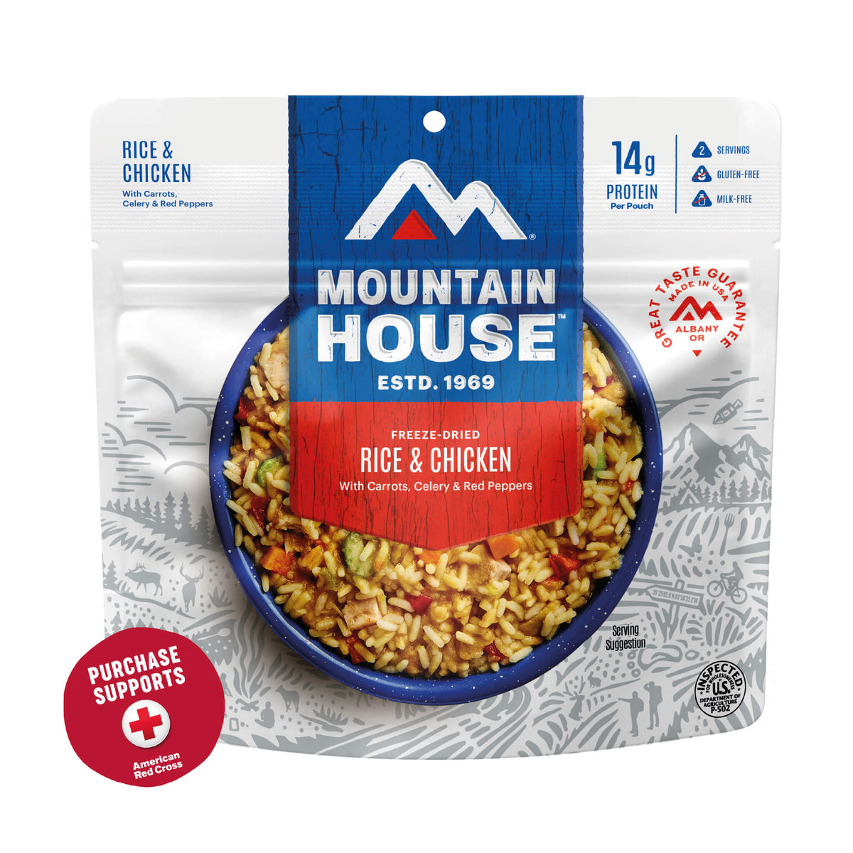 Mountain House Rice &amp; Chicken packaging on a white background with a red circle that says purchase supports American Red Cross