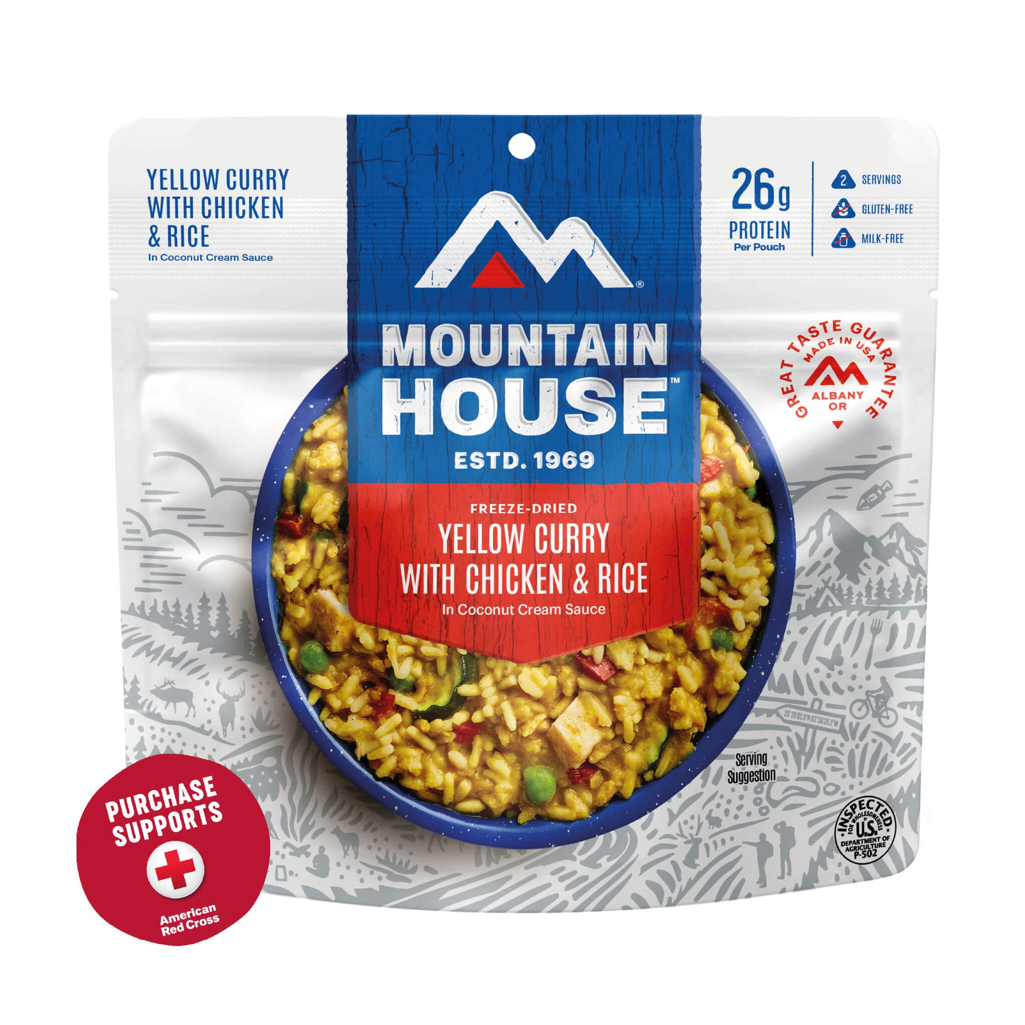 Mountain House Yellow Curry with Chicken & Rice packaging on a white background with a red circle that says purchase supports American Red Cross