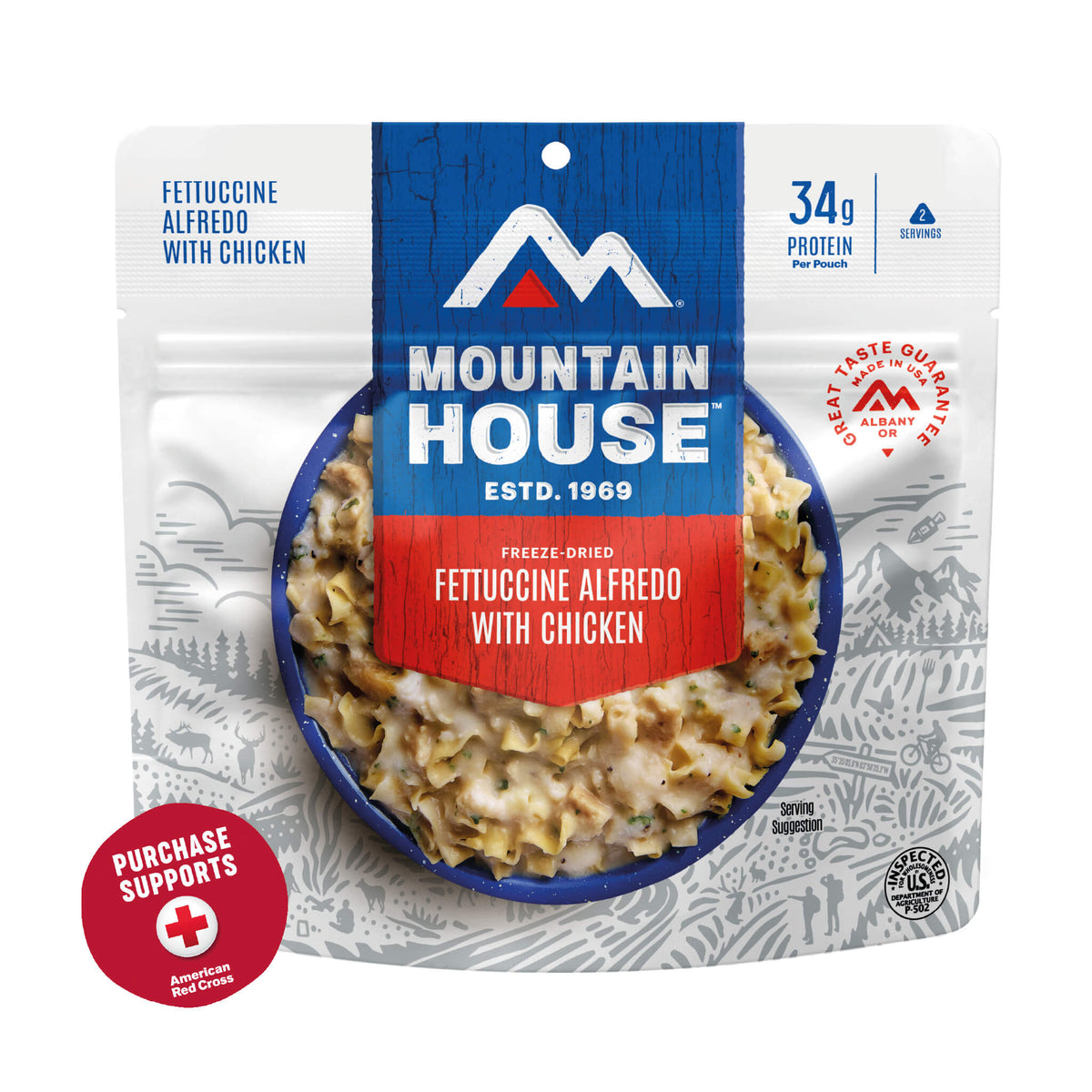 Mountain House Fettuccine Alfredo with Chicken package on a white background with a red circle that says purchase supports American Red Cross