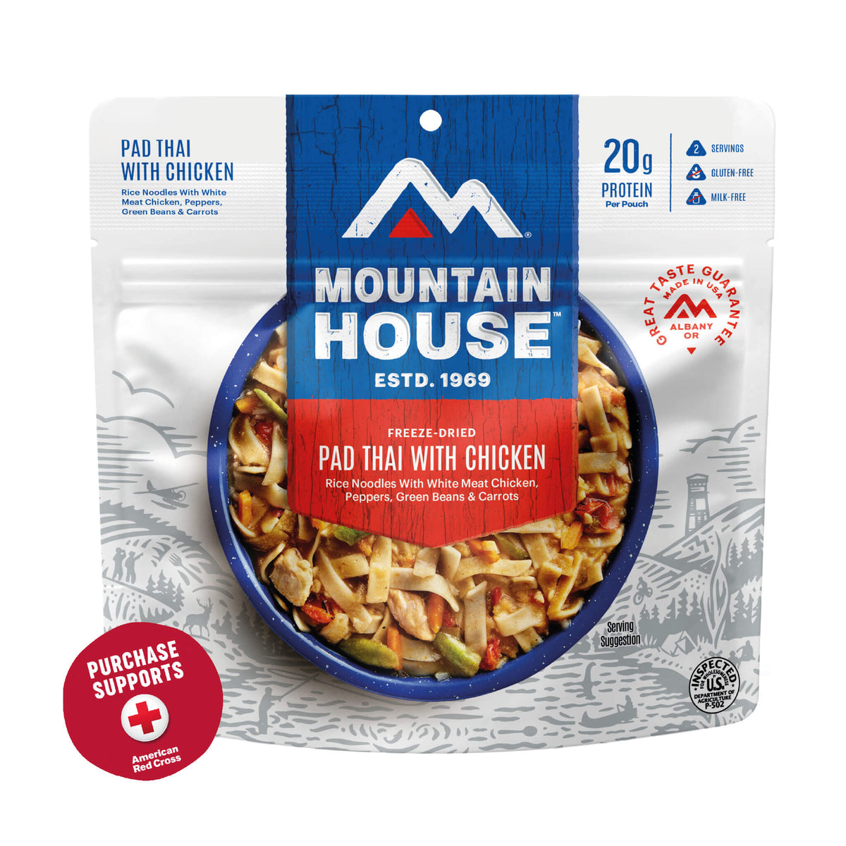 Mountain House freeze-dried Pad Thai with Chicken package on a white background with a red circle that says purchase supports American Red Cross