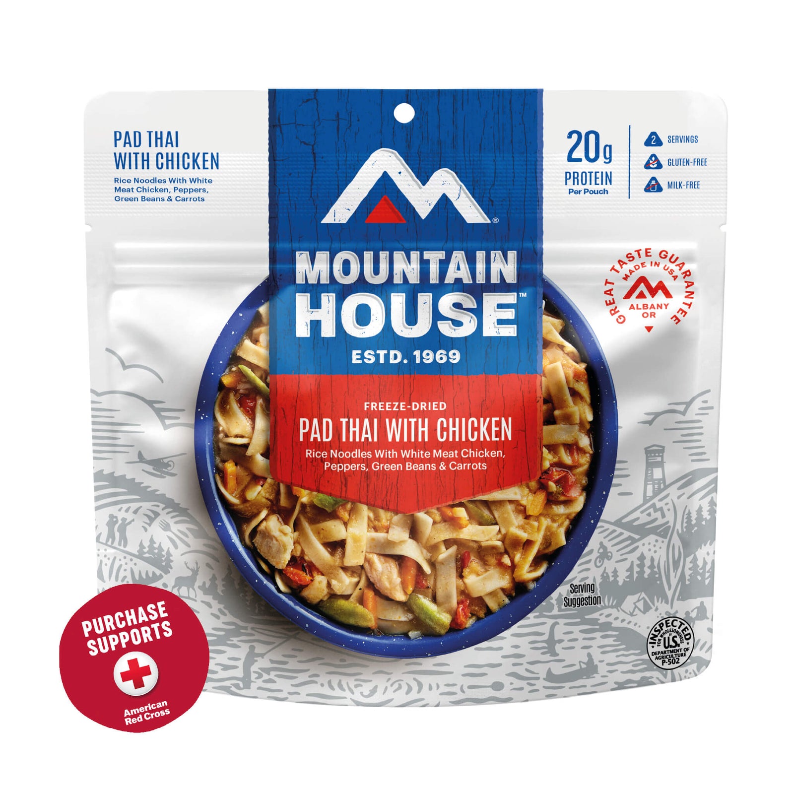 Mountain House freeze-dried Pad Thai with Chicken package on a white background with a red circle that says purchase supports American Red Cross