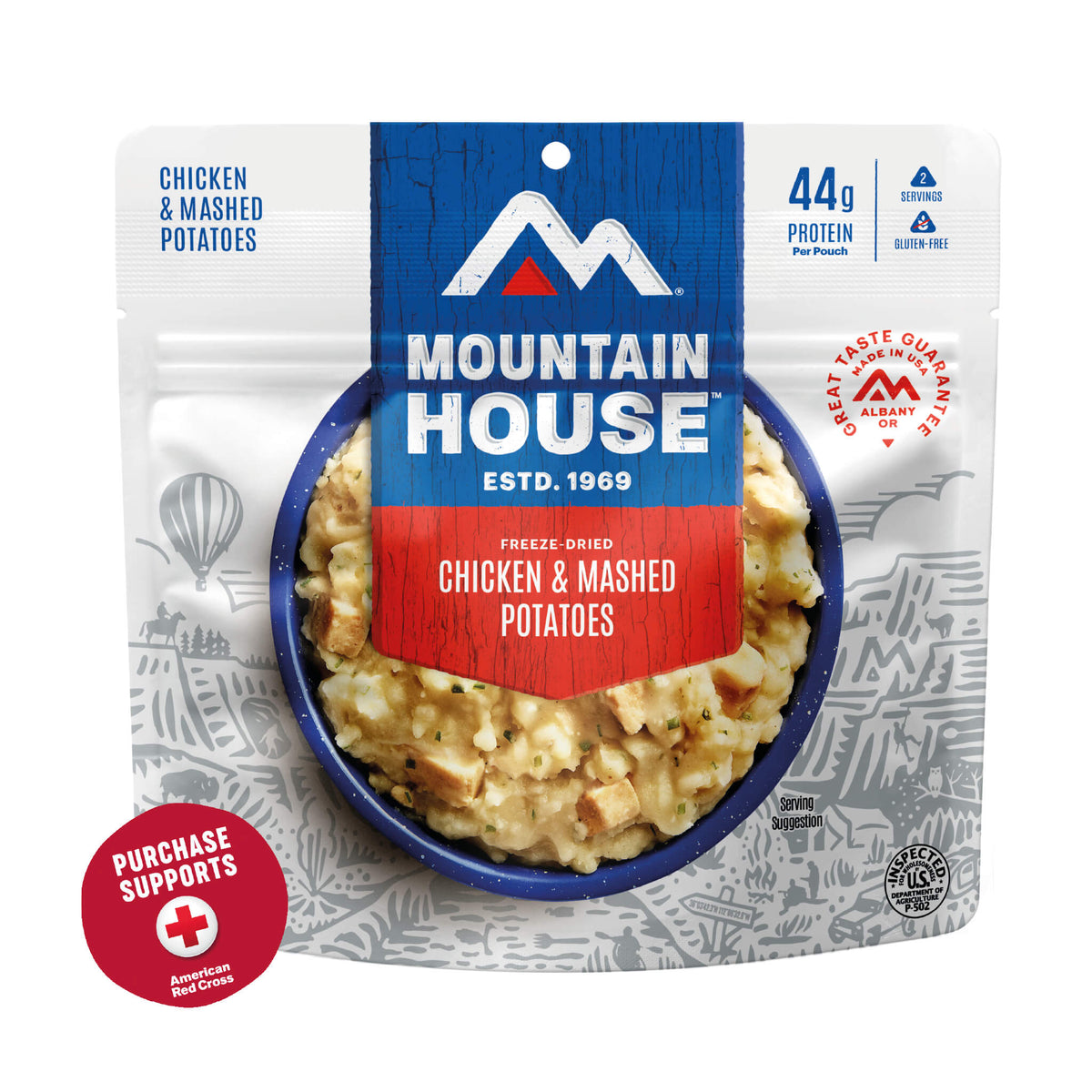 Mountain House freeze-dried chicken and mashed potatoes package on a white background with a red circle that says purchase supports American Red Cross