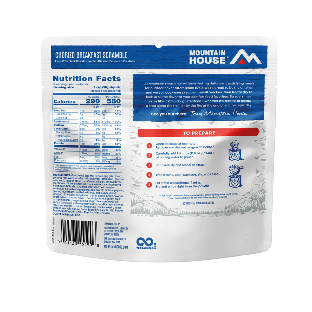 Back view of Mountain House Veggie Chorizo Breakfast Scramble Pouch