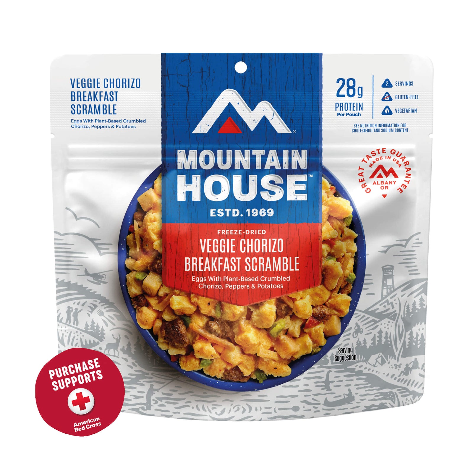 Mountain House Veggie Chorizo Breakfast Scramble package on a white background with red circle that says purchase supports American Red Cross