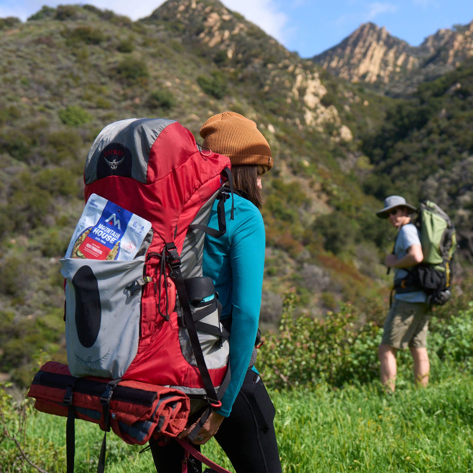 A scenic grassy mountain valley with backpackers hiking. One backpacker has a pouch of Mountain House Vegetarian Pasta Primavera peeking out of their red backpack.