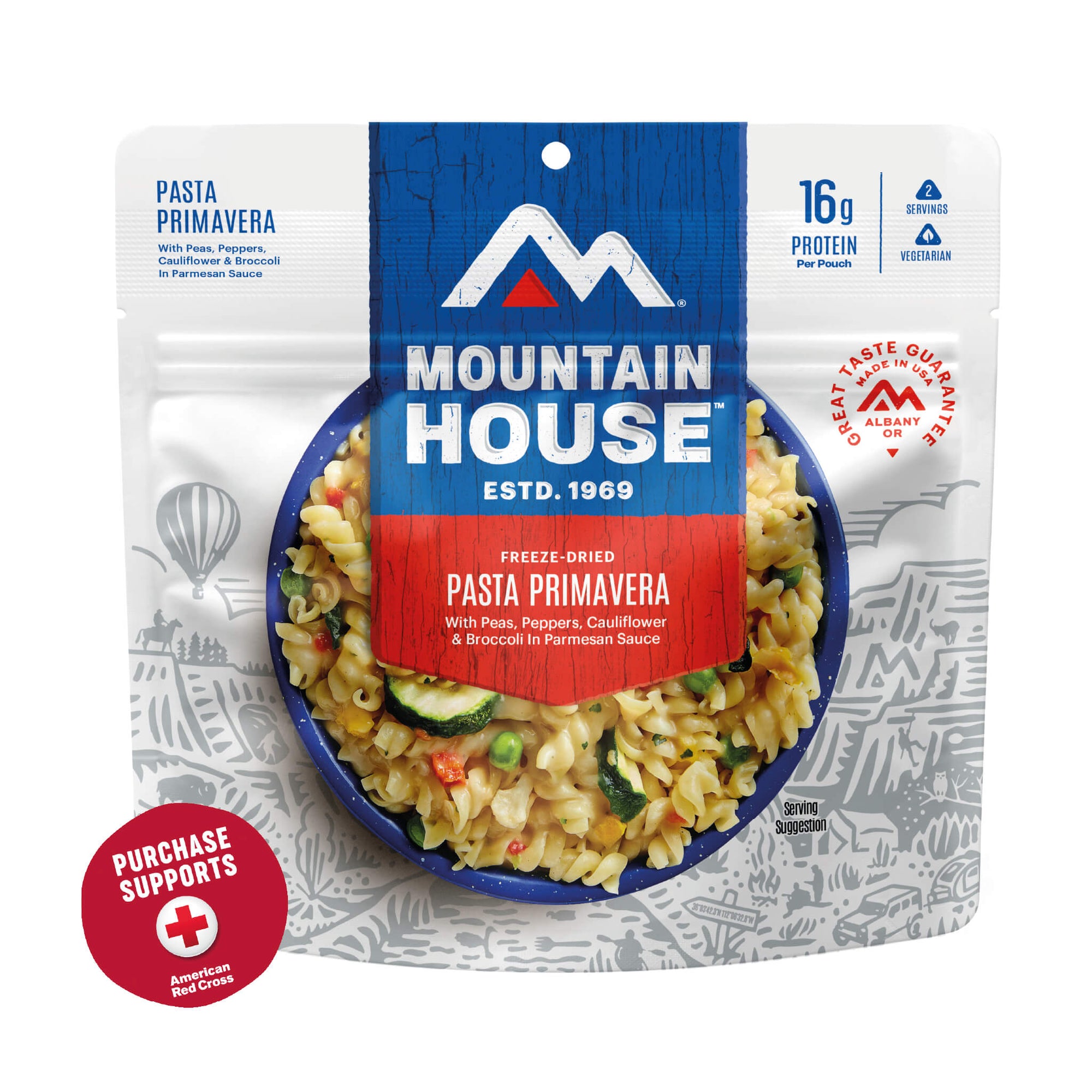 Mountain House Pasta Primavera package on a white background with a red circle that says purchase supports American Red Cross