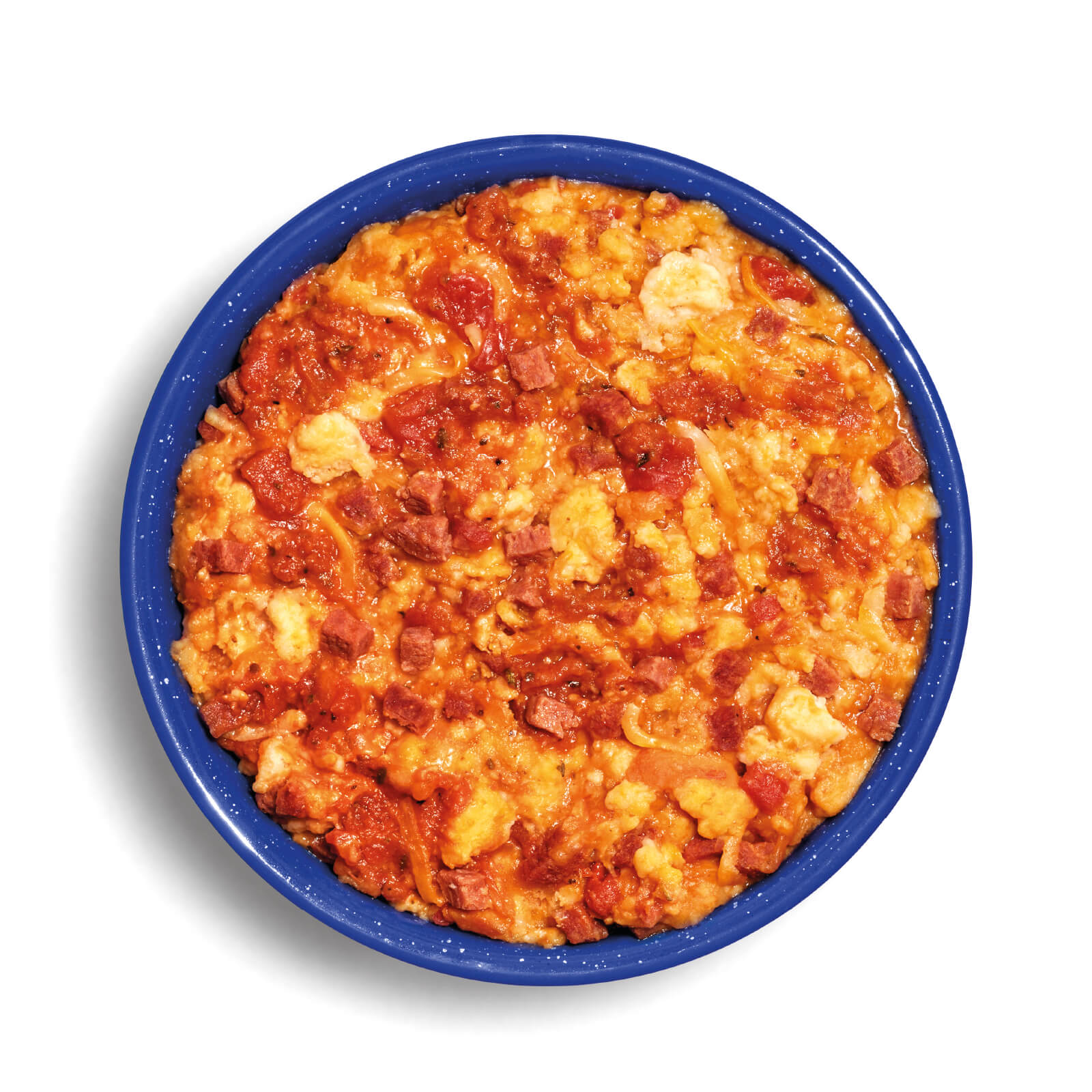 Mountain House Freeze-Dried Cheesy Pepperoni Pizza Bowl prepared in a blue camp bowl