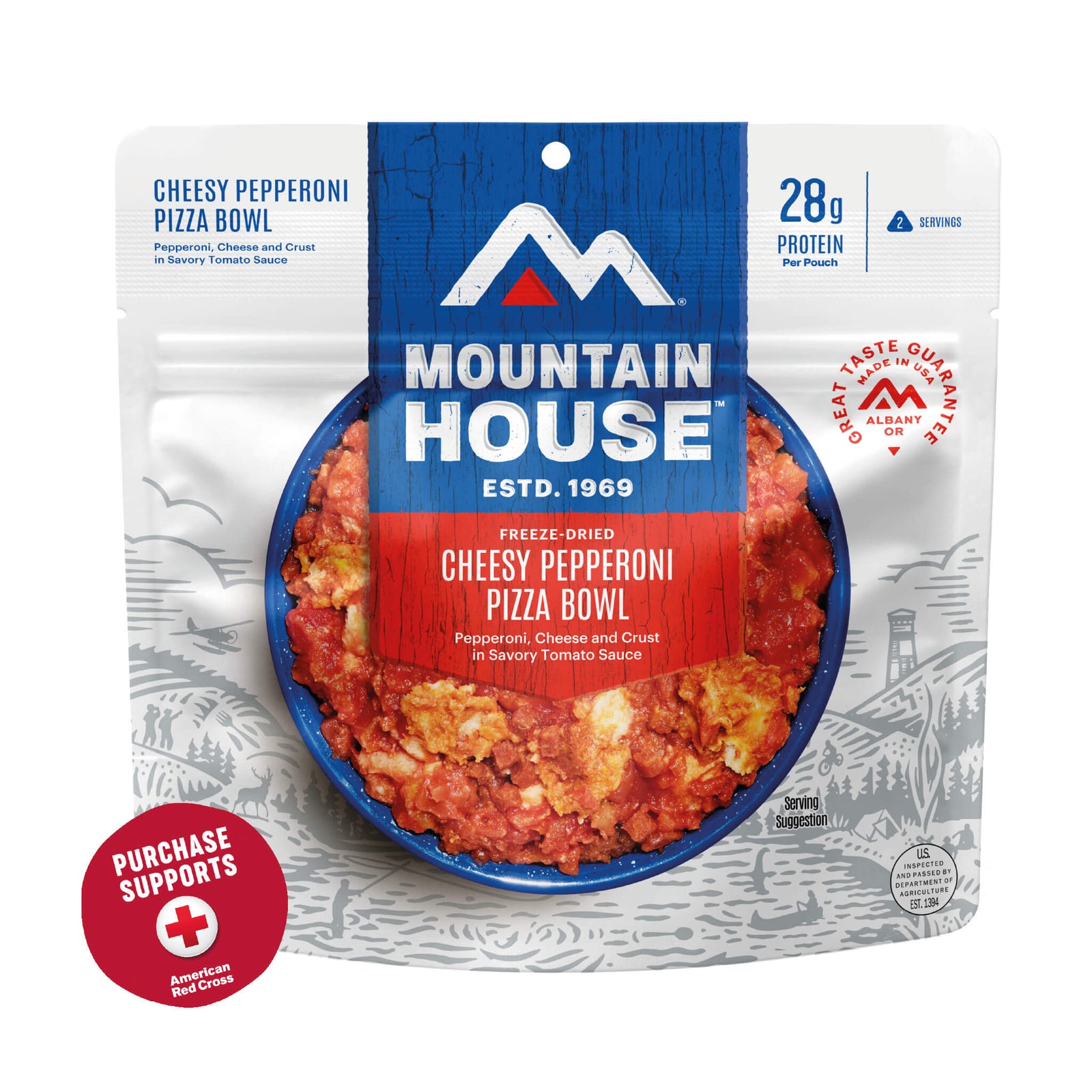 Mountain House Cheesy Pepperoni Pizza Bowl packaging on a white background with a red circle that says purchase supports American Red Cross