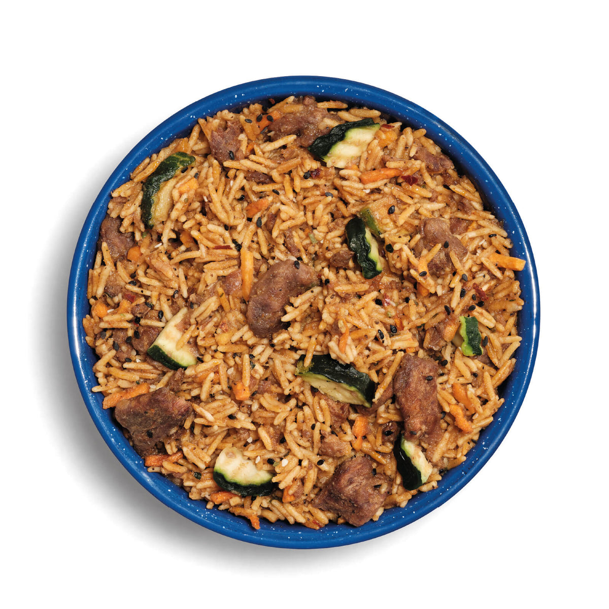 Mountain House Freeze-Dried Korean Inspired Beef prepared in a blue camp bowl