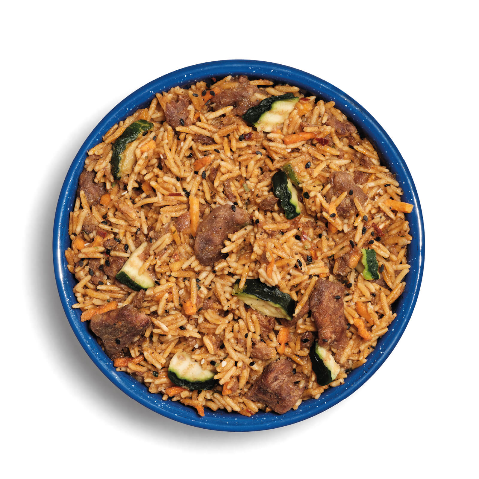 Mountain House Freeze-Dried Korean Inspired Beef prepared in a blue camp bowl