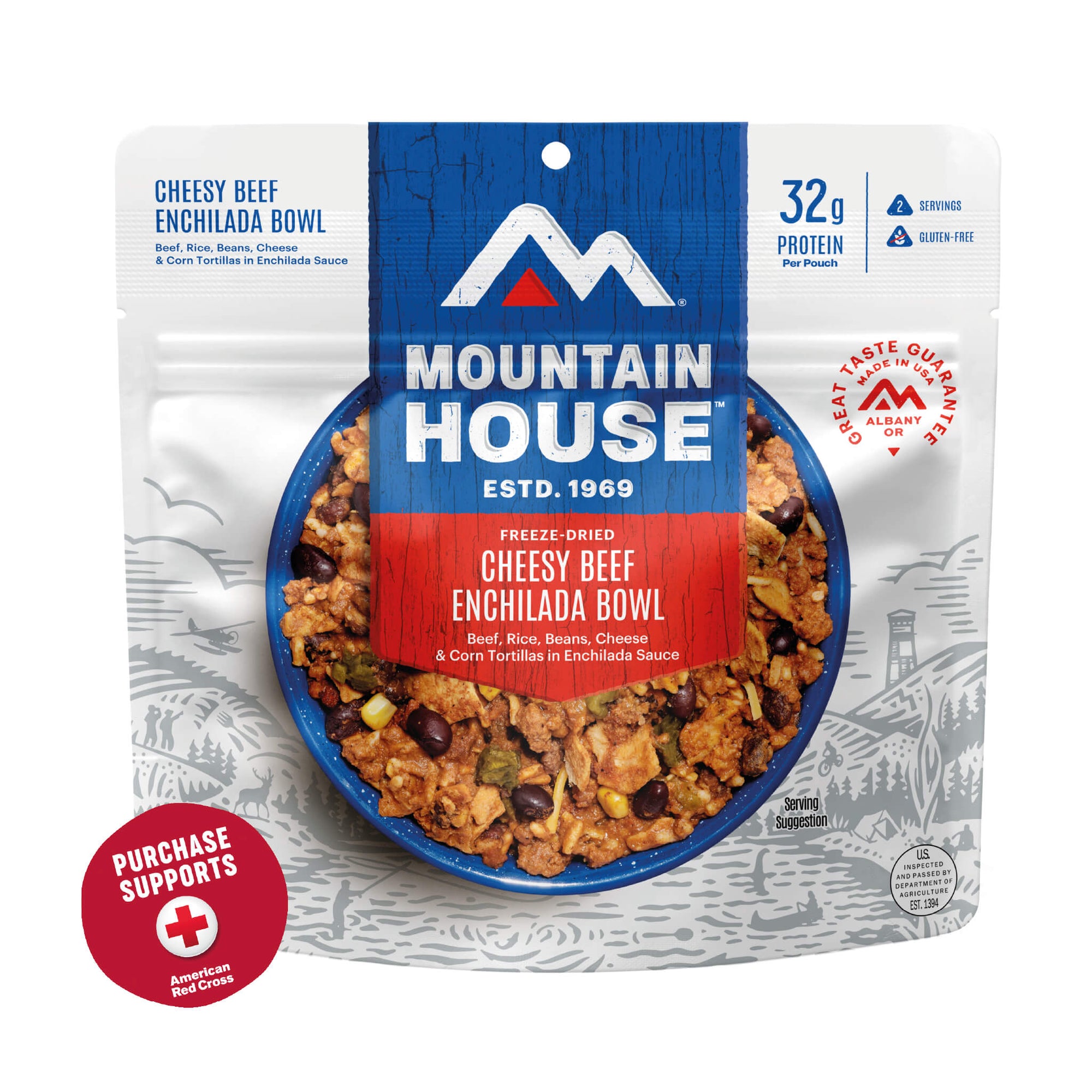Mountain House Cheesy Beef Enchilada Bowl package on a white background with a red circle that says purchase supports American Red Cross