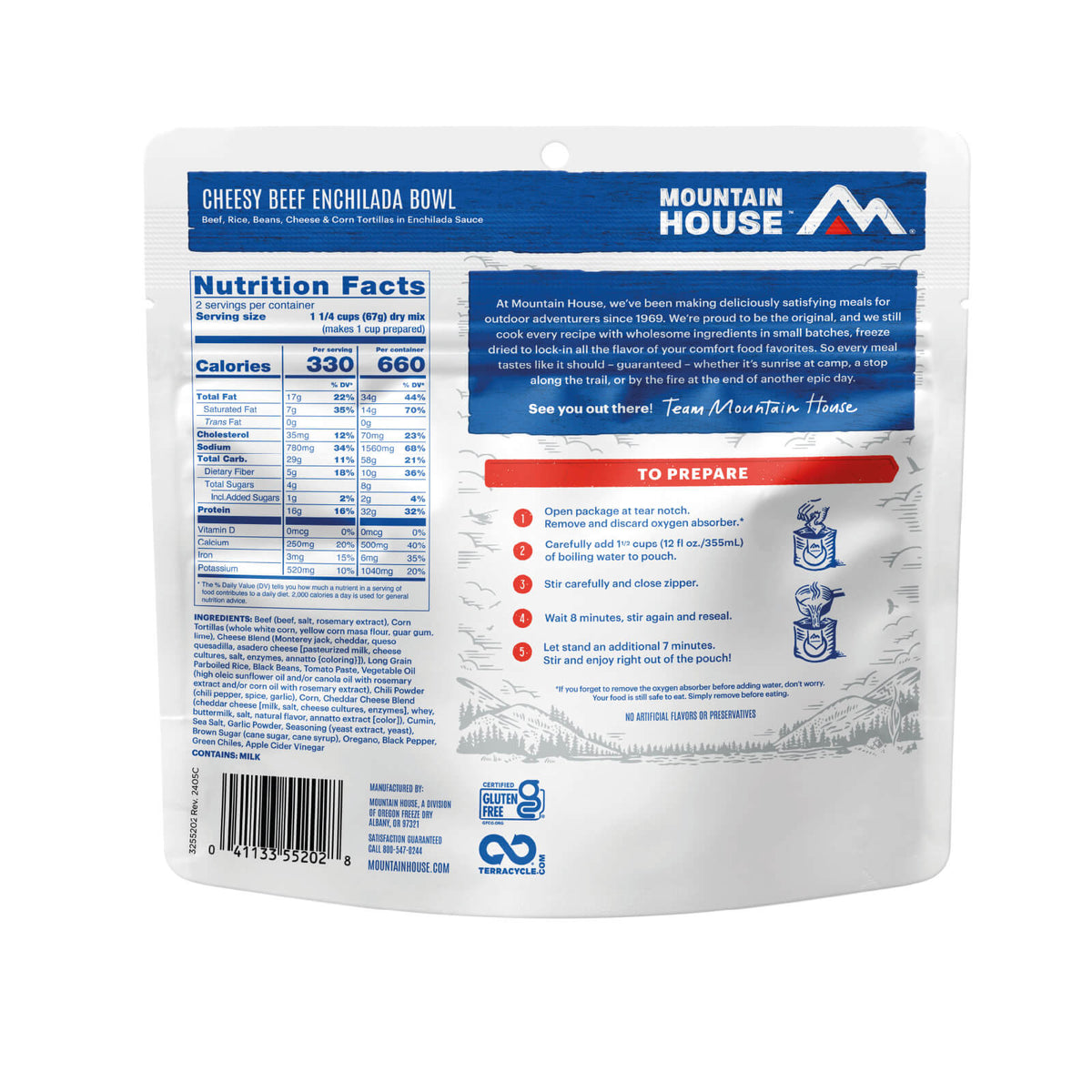 Back of Mountain House Cheesy Enchilada Bowl pouch showing preparation instructions, ingredients, and nutrition facts