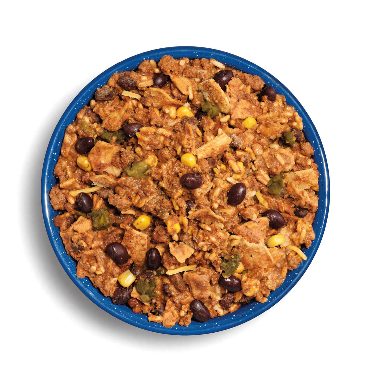 Mountain House Freeze-Dried Cheesy Beef Enchilada Bowl prepared in a blue camp bowl