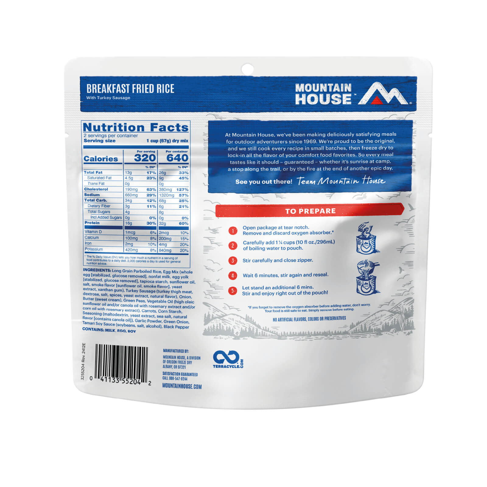 Back of Mountain House Breakfast Fried Rice packaging with nutrition facts, ingredients, and preparation instructions on a white background.