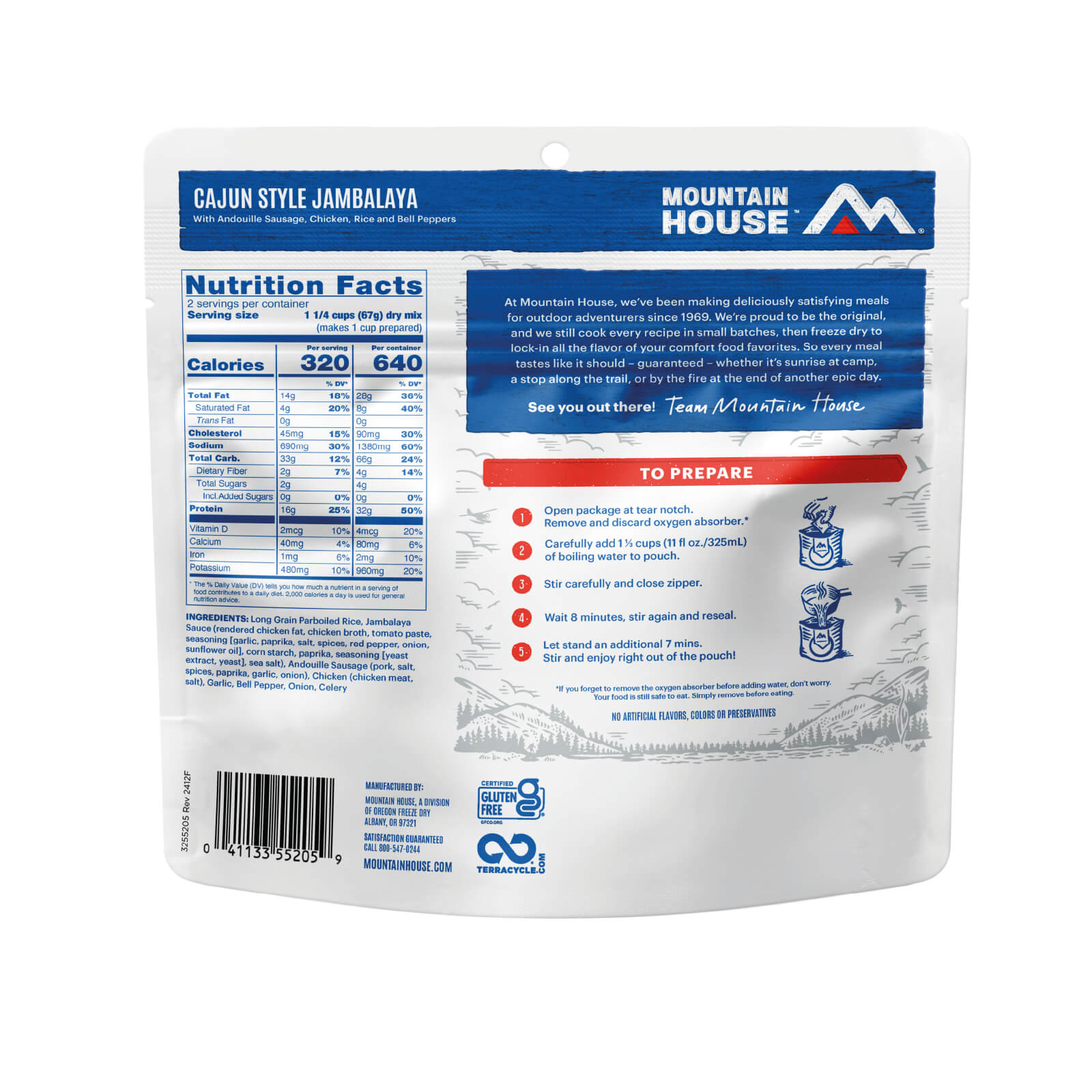 Back of Mountain House Cajun Style Jambalaya pouch with nutrition facts, ingredients, and preparation instructions on a white background.