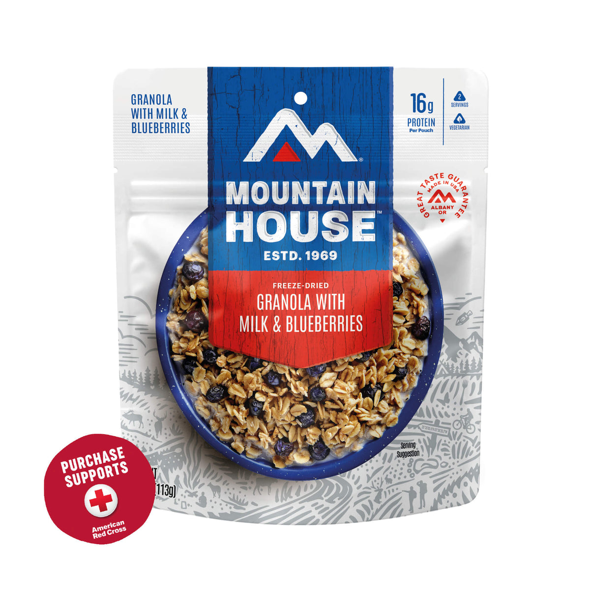 Mountain House Granola with Milk &amp; Blueberries packaging on a white background with a red circle that says purchase supports American Red Cross