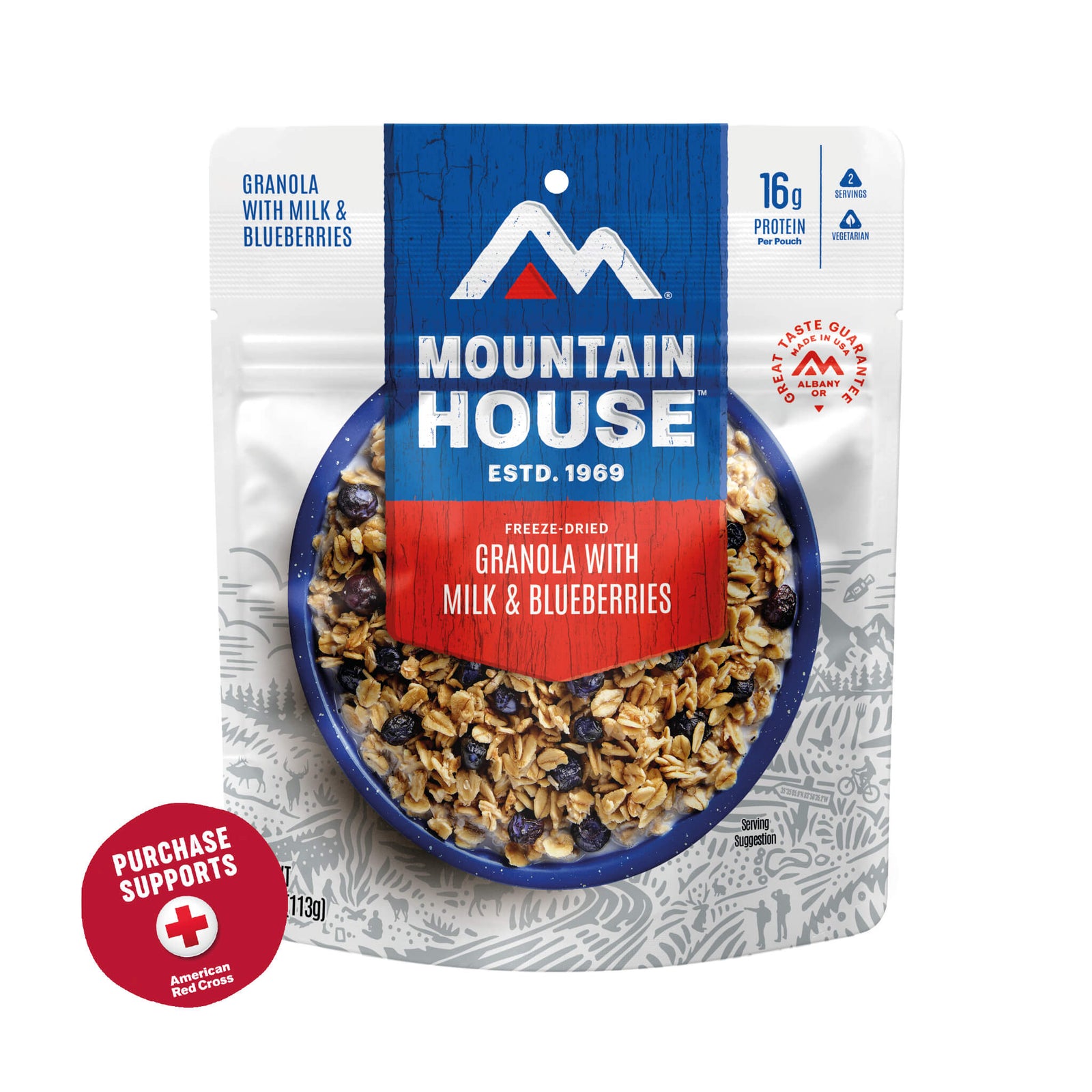 Mountain House Granola with Milk & Blueberries packaging on a white background with a red circle that says purchase supports American Red Cross
