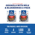 Graphic showing total protein, calories and servings for Mountain House Granola with Milk & Blueberries 2-pack.