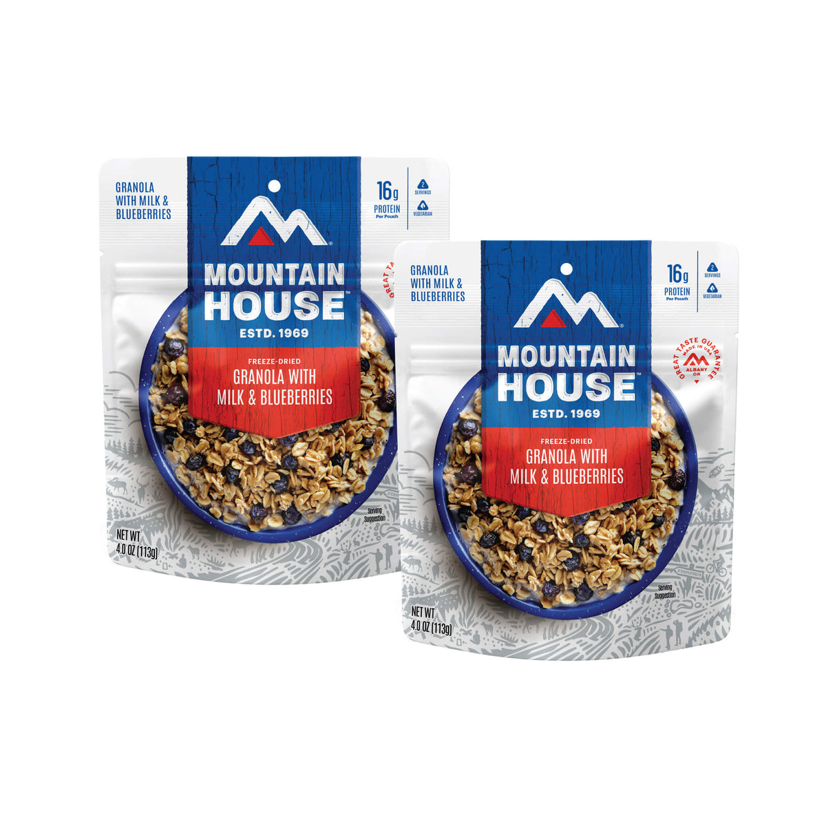 Front view of two Mountain House Granola with Milk & Blueberries pouches.