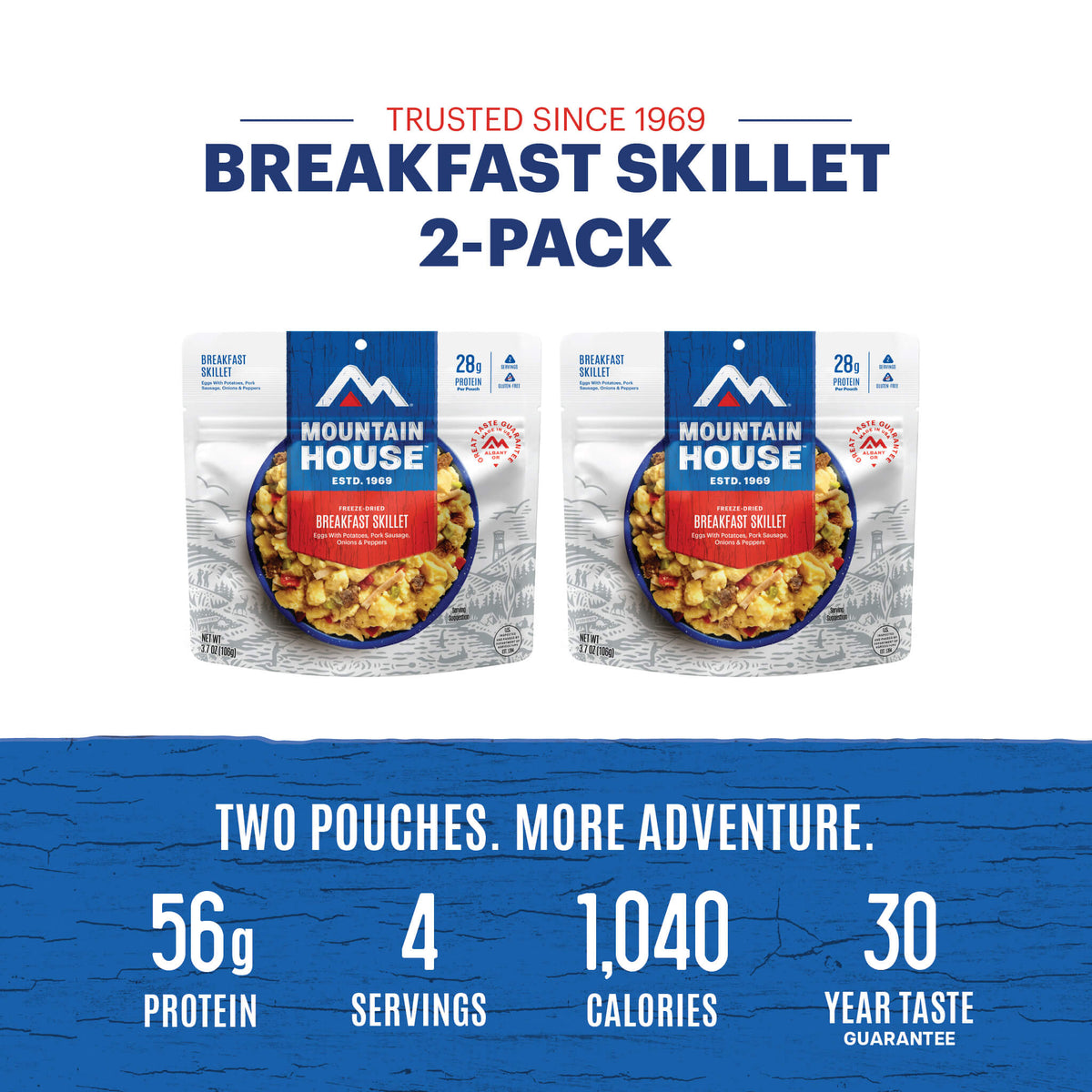 Graphic showing total protein, calories and servings for Mountain House Breakfast Skillet 2-pack.