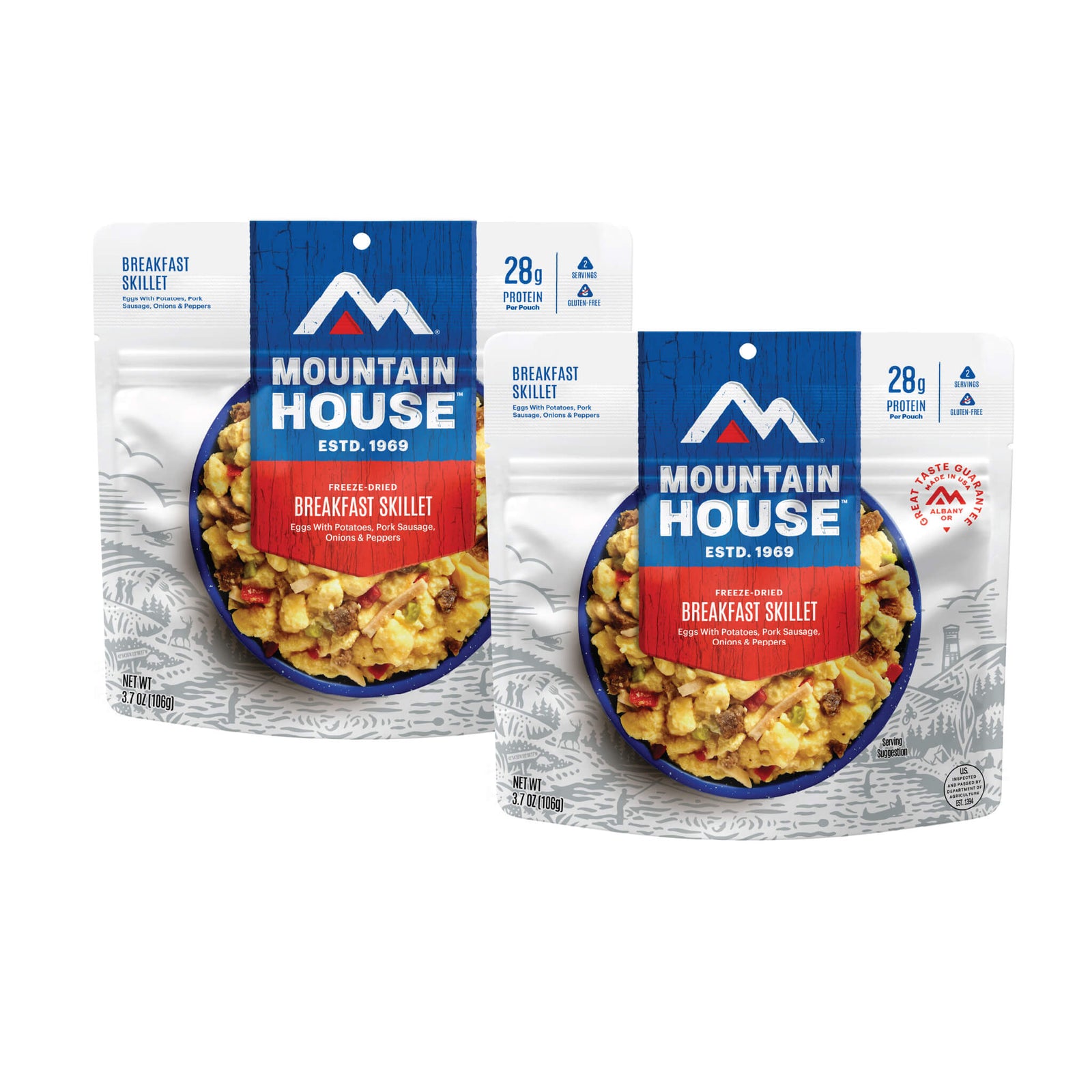 Front view of two Mountain House Breakfast Skillet pouches.