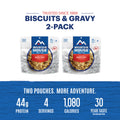 Graphic showing total protein, calories and servings for Mountain House Biscuits & Gravy 2-pack.