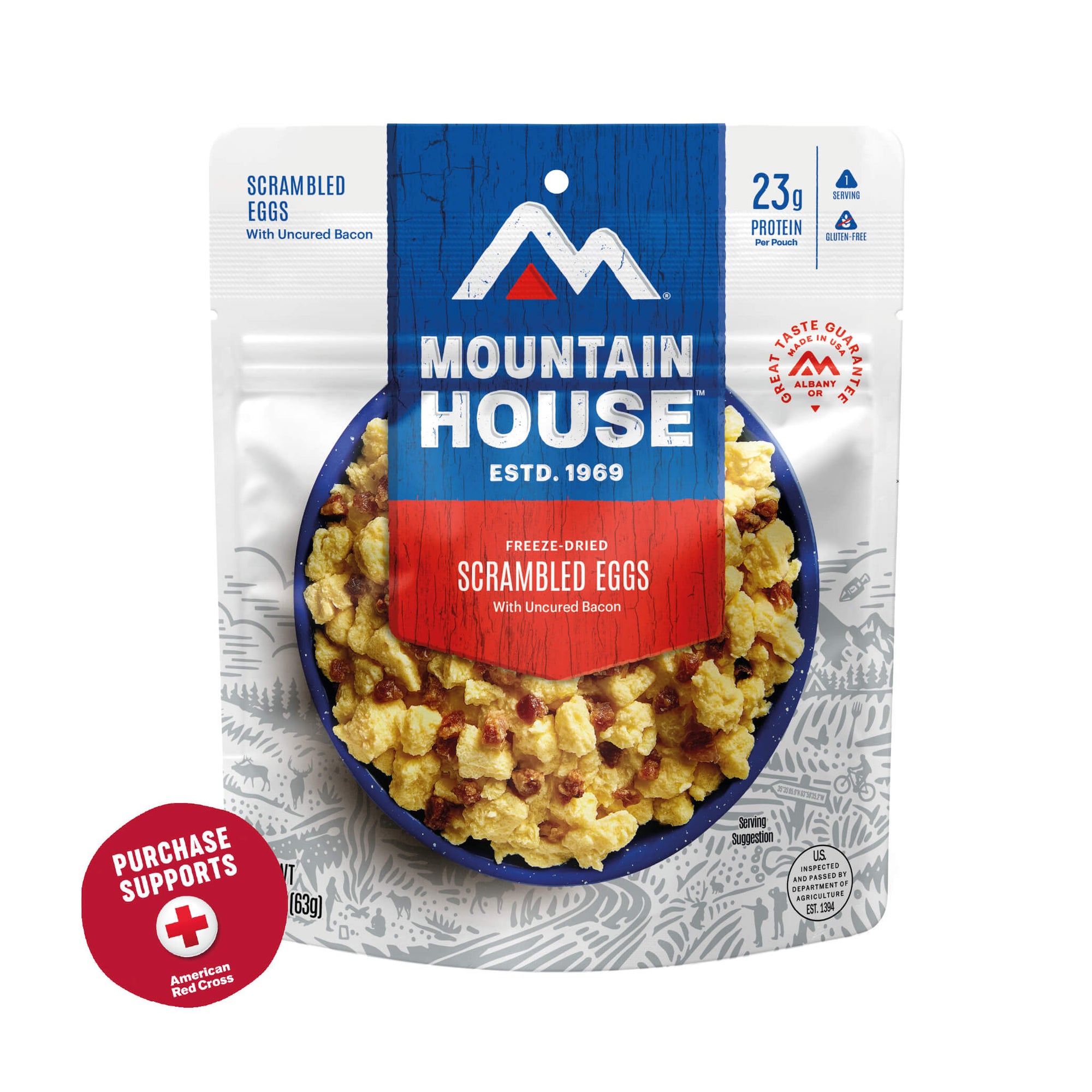 Mountain House Scrambled Eggs with Uncured Bacon packaging on a white background with a red circle that says purchase supports American Red Cross