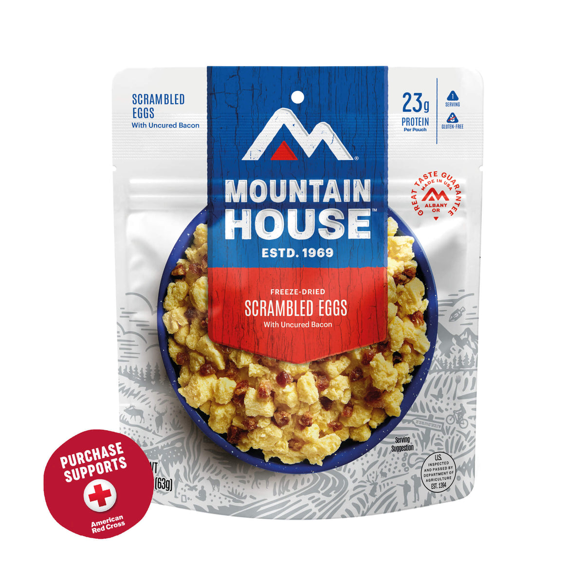 Scrambled Eggs with Uncured Bacon pouch with red badge that reads, &quot;Purchase supports American Red Cross&quot;.