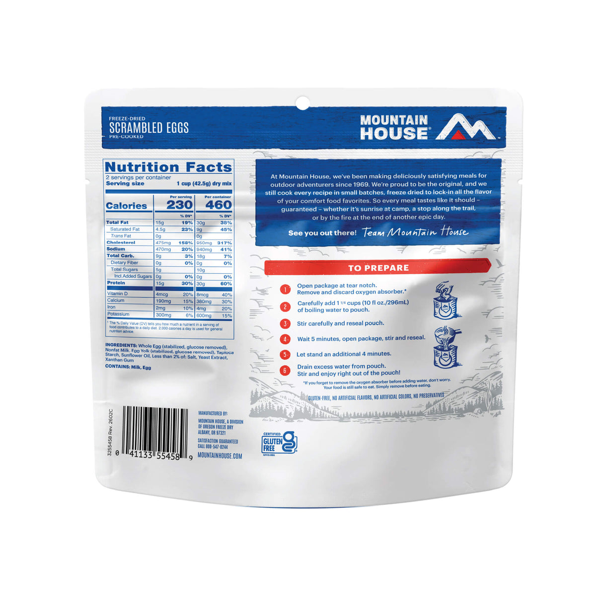 Back view of Mountain House Scrambled Eggs pouch with nutritional information and preparation instructions