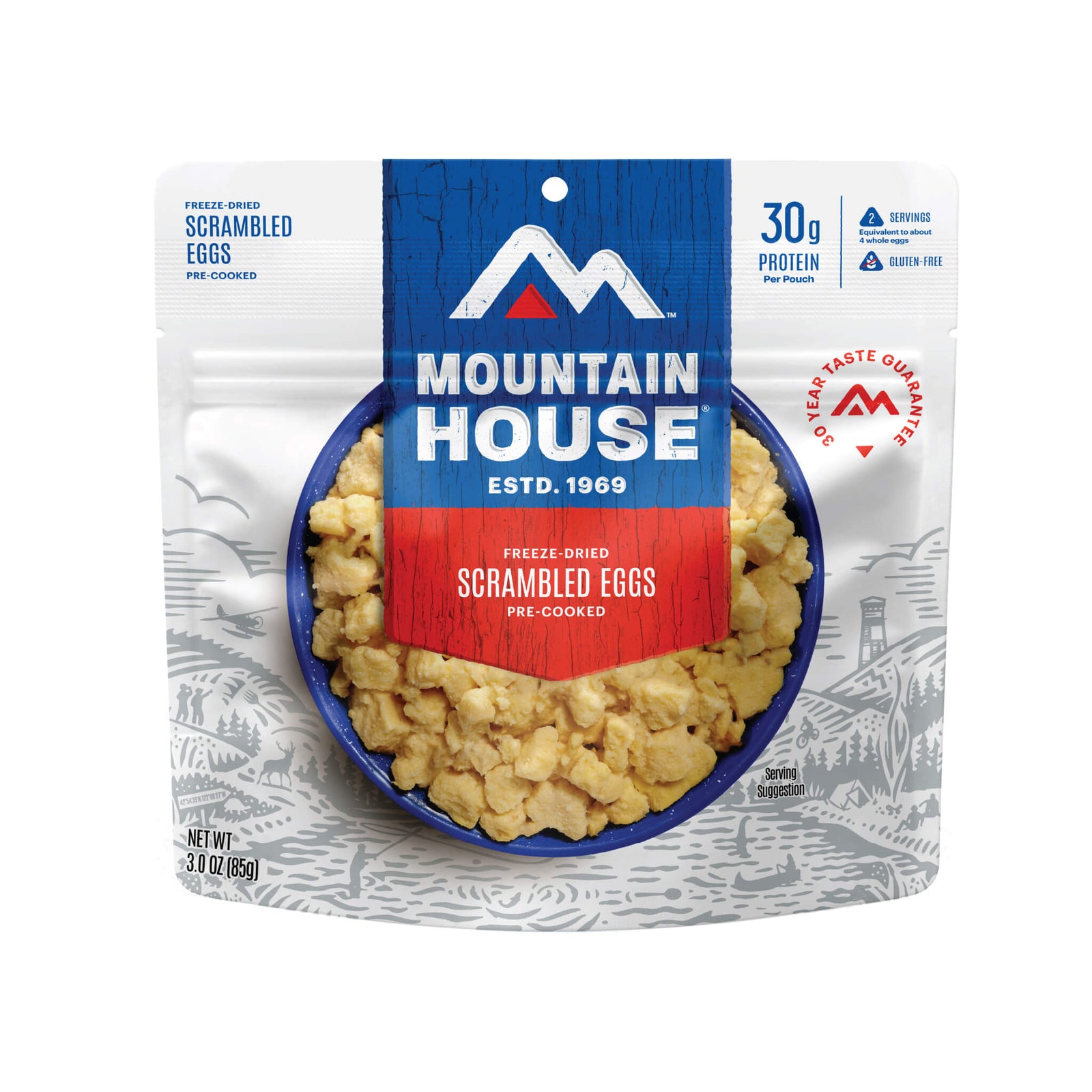 Mountain House freeze-dried scrambled eggs packaging on a white background