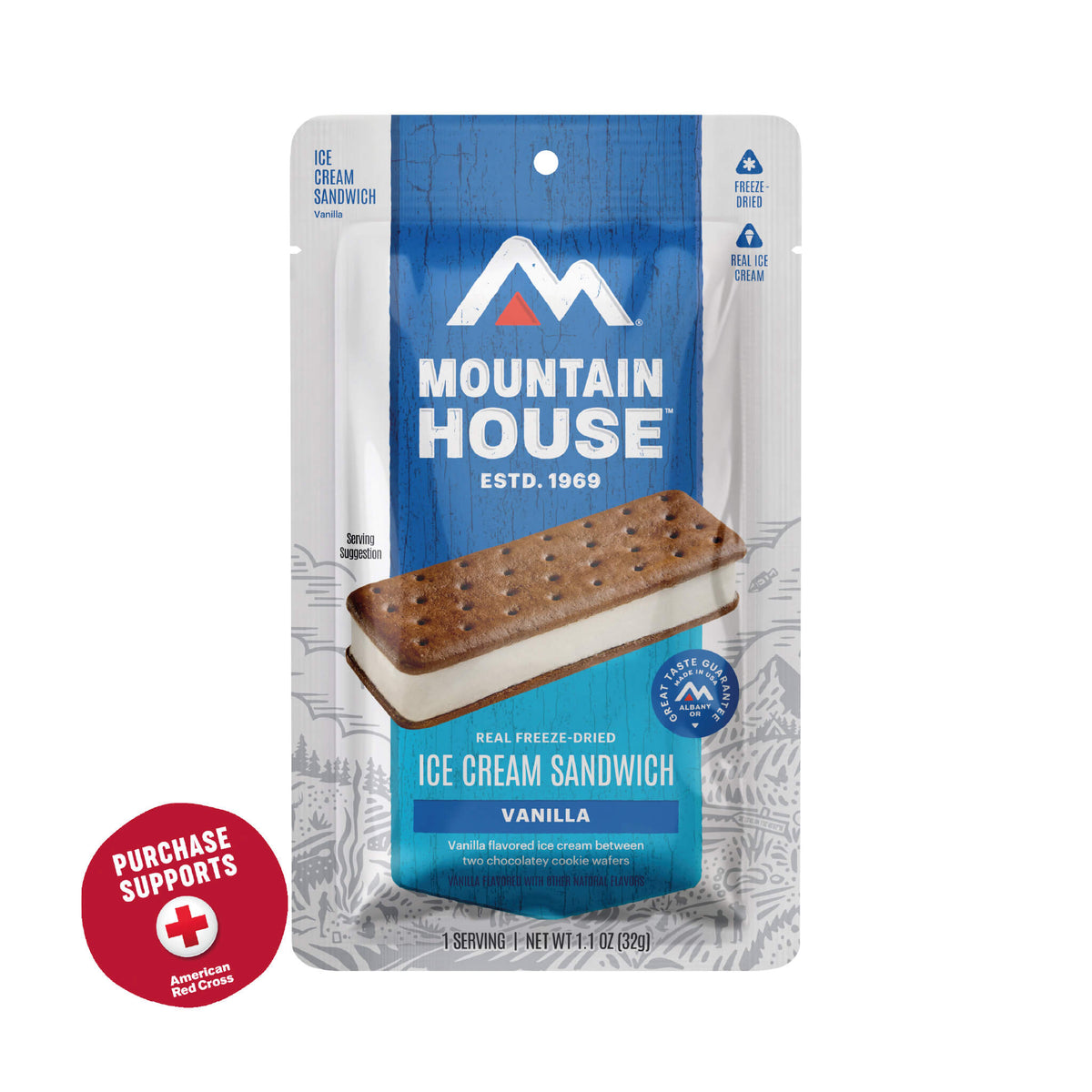 Mountain House vanilla ice cream sandwich package on a white background with a red circle that says purchase supports American Red Cross