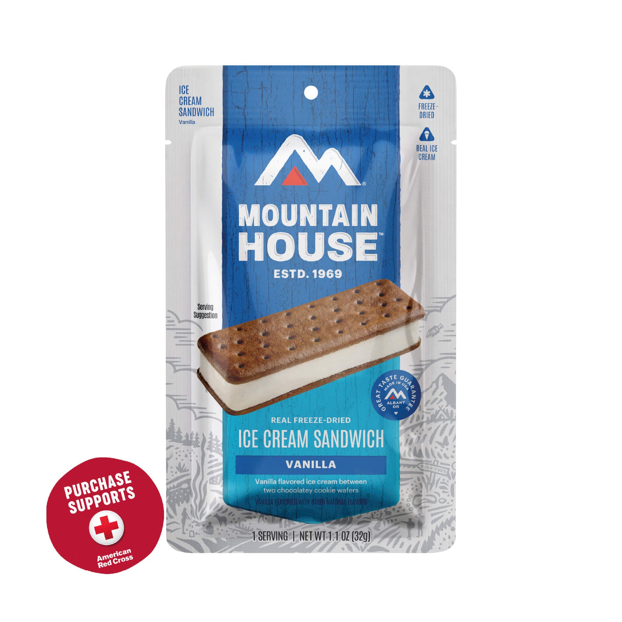 Mountain House vanilla ice cream sandwich package on a white background with a red circle that says purchase supports American Red Cross
