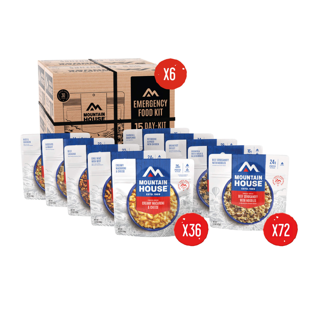 Mountain House 6-Month Emergency Food Supply Kit with 540 total pouches.