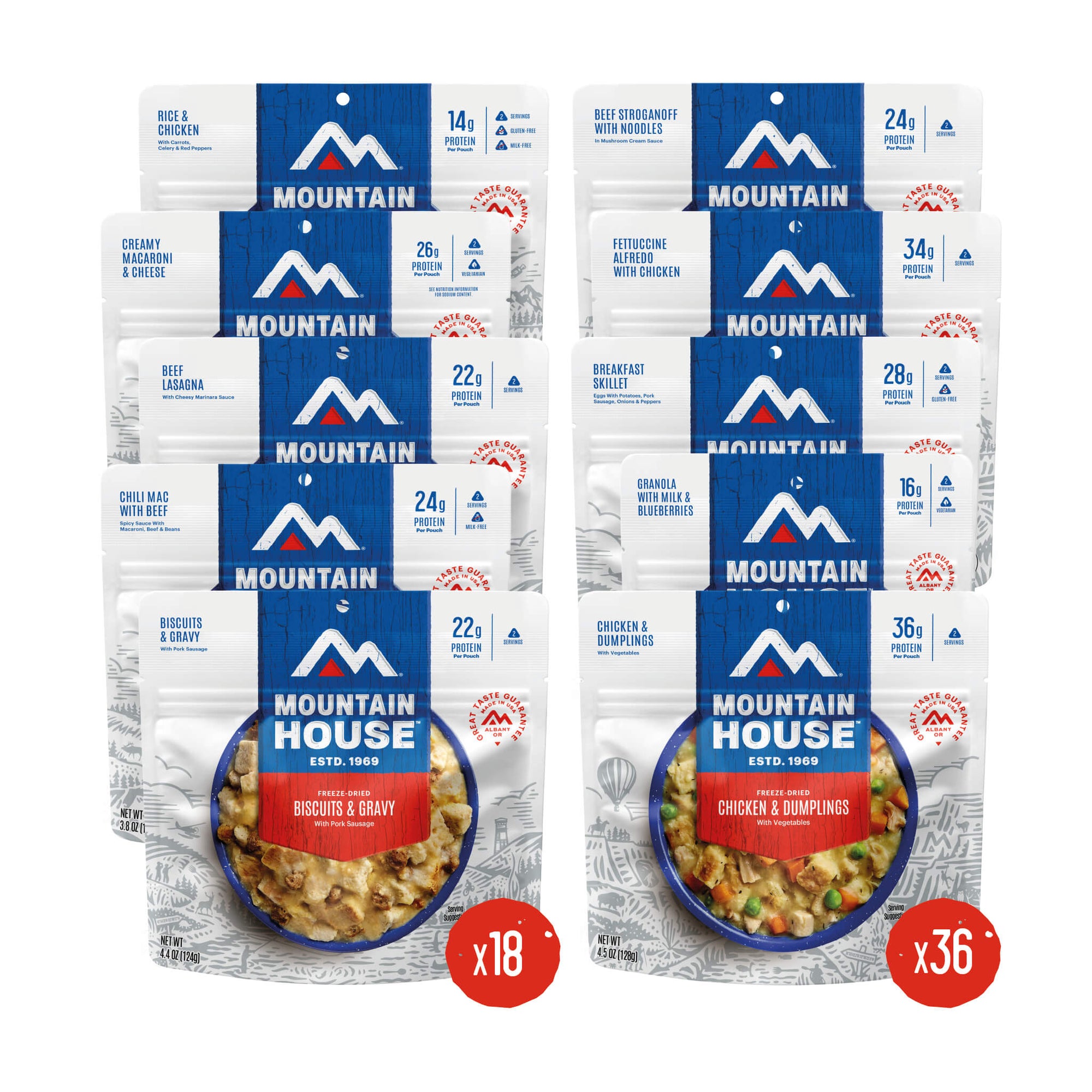 Mountain House 3-Month Emergency Food Supply with 270 total pouches.