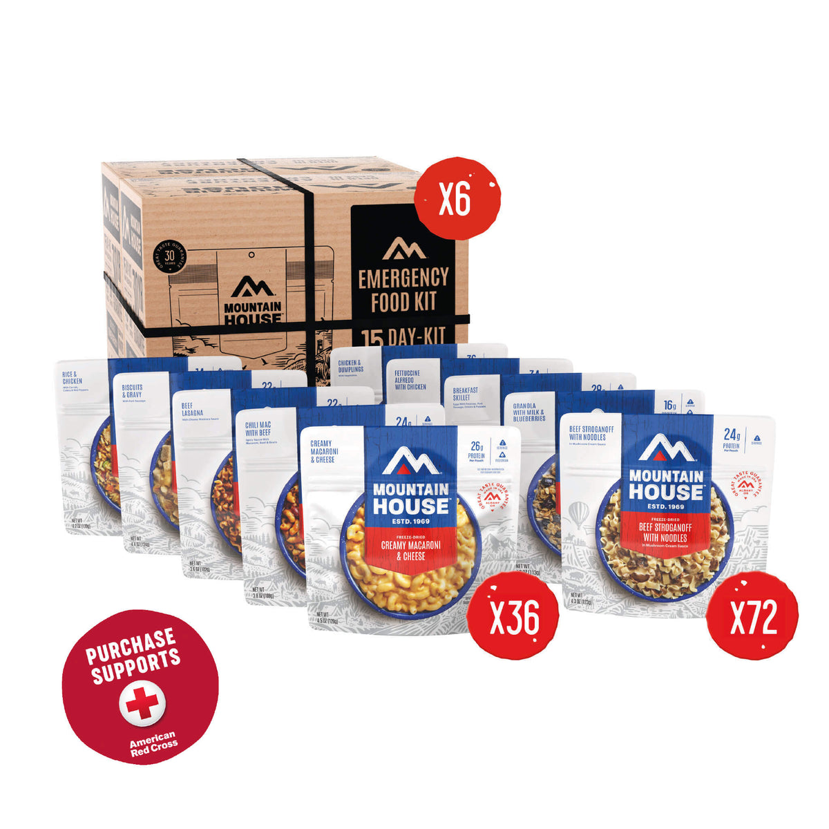 Mountain House 6-Month Emergency Food Kit box with freeze-dried meal pouches on a white background and a red circle that says purchase supports American Red Cross