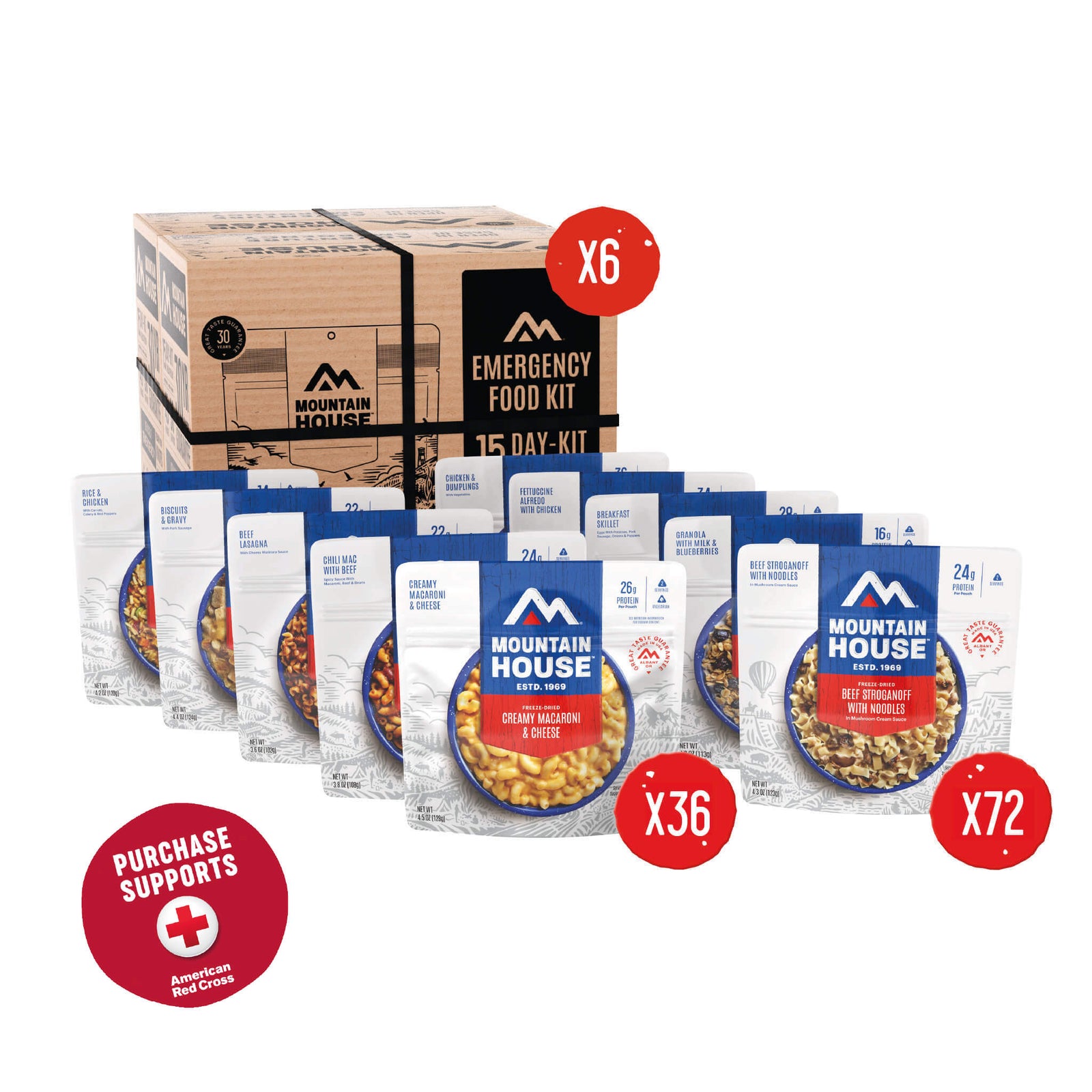 Mountain House 6-Month Emergency Food Kit box with freeze-dried meal pouches on a white background and a red circle that says purchase supports American Red Cross