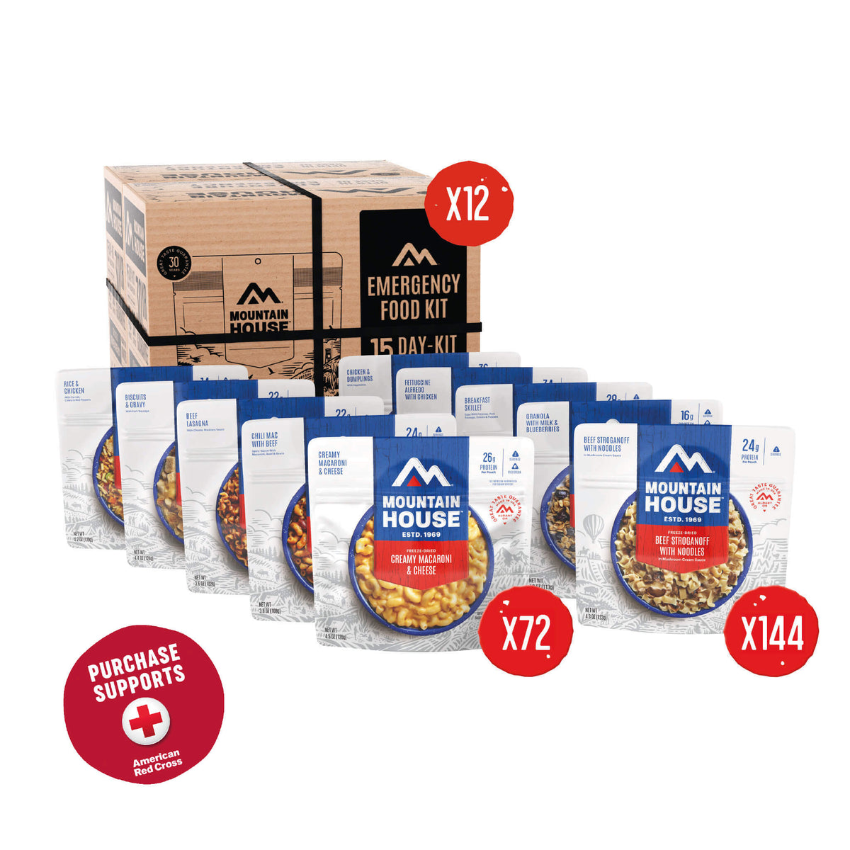 Mountain House 1-Year Emergency food kit with packaging and quantities displayed on a white background and a red circle that says purchase supports American Red Cross